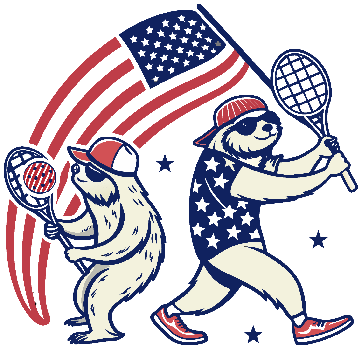 Two cartoon sloths playing tennis with American flag, stars, and patriotic colors, ready to press dtf transfer