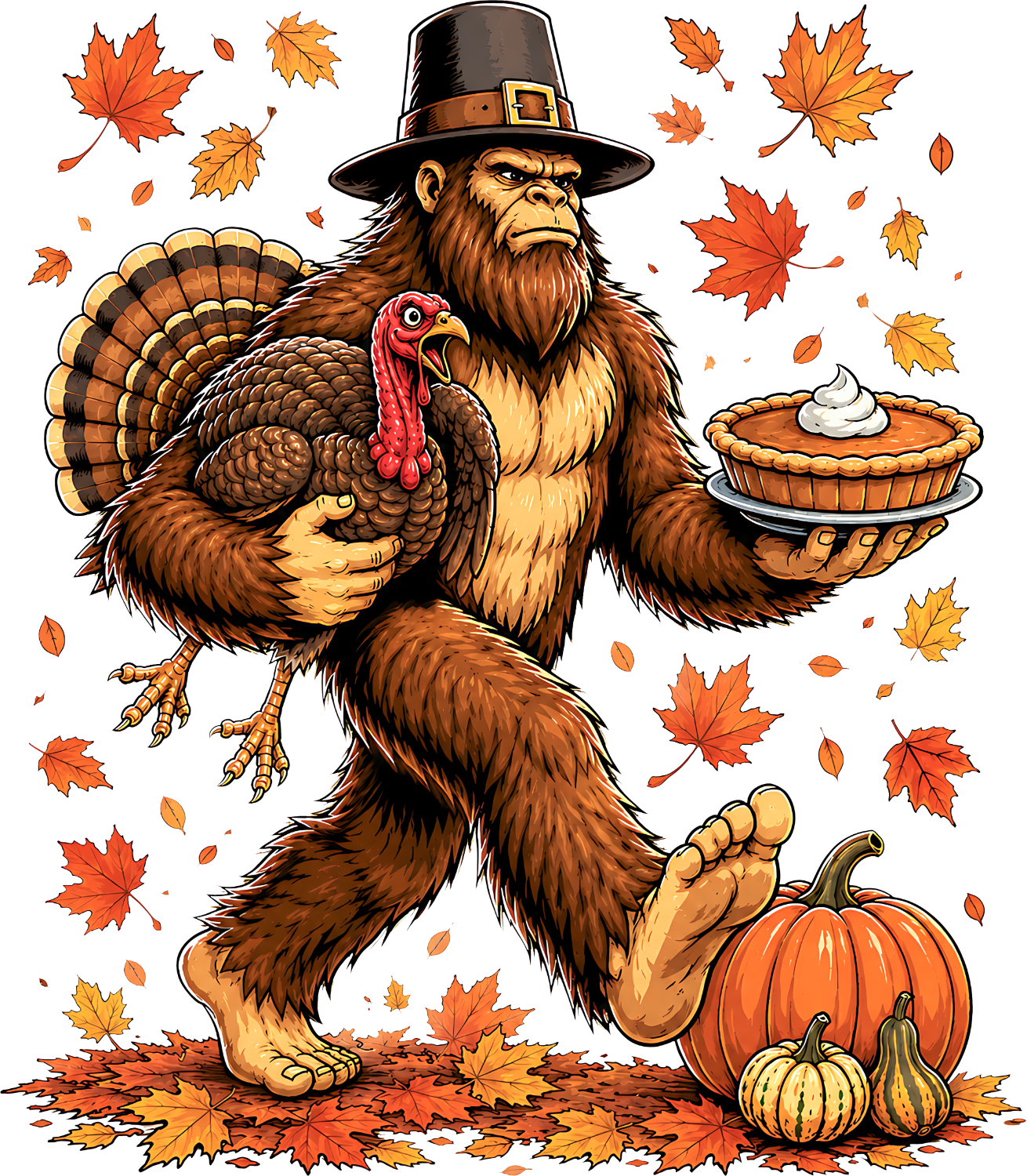 Bigfoot wearing pilgrim hat holding pie and turkey with fall leaves, ready to press dtf transfer