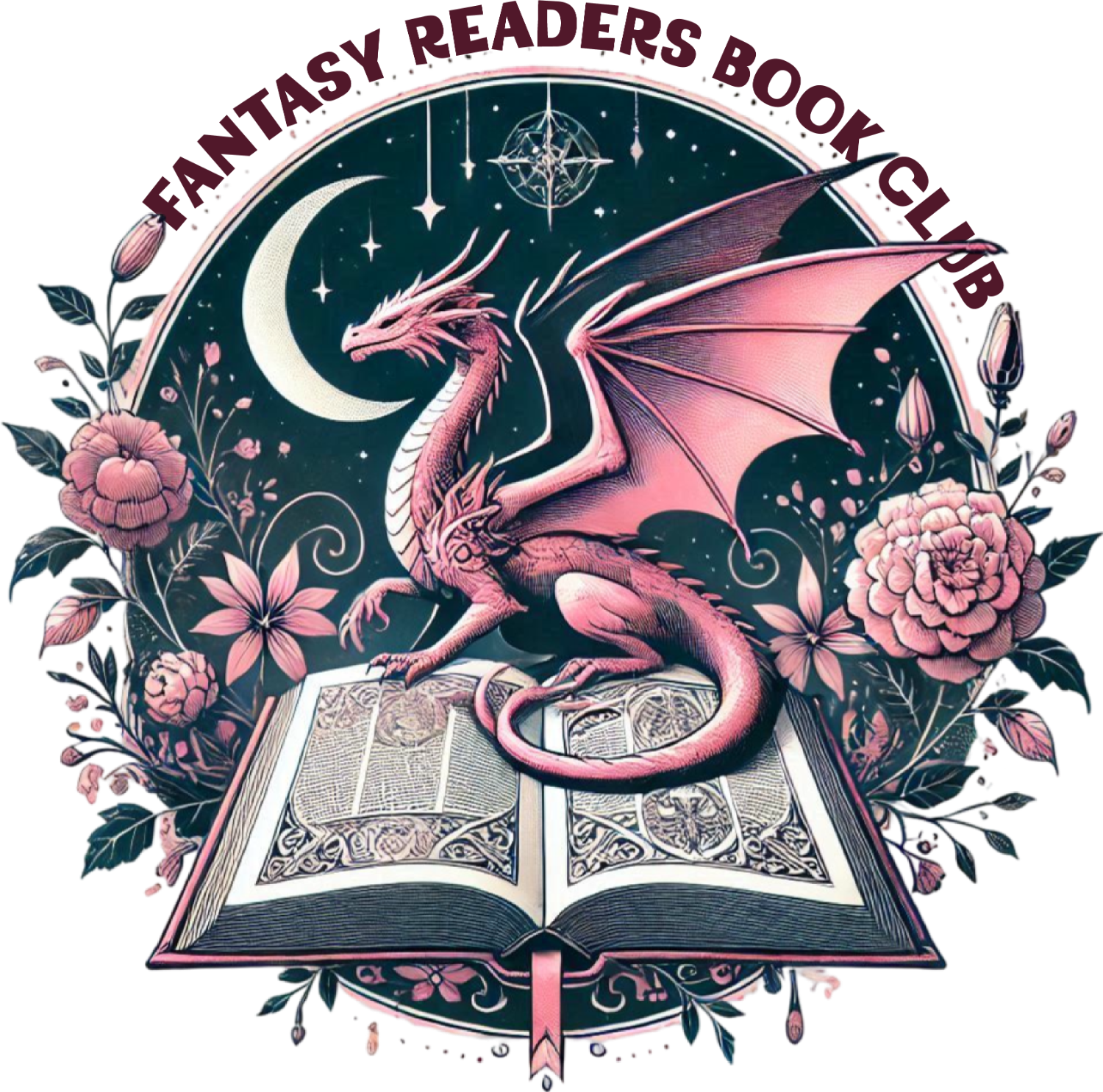 Pink dragon on open book with moon, stars, flowers ready to press dtf transfer