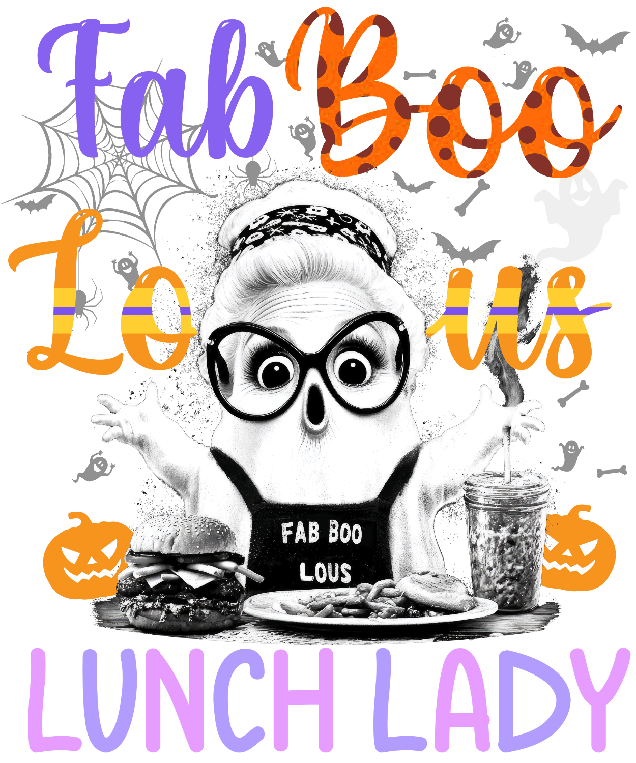 Black and white ghost with large round glasses wearing headband and 'Fab Boo Lous' text surrounded by Halloween decorations, ready to press DTF transfer
