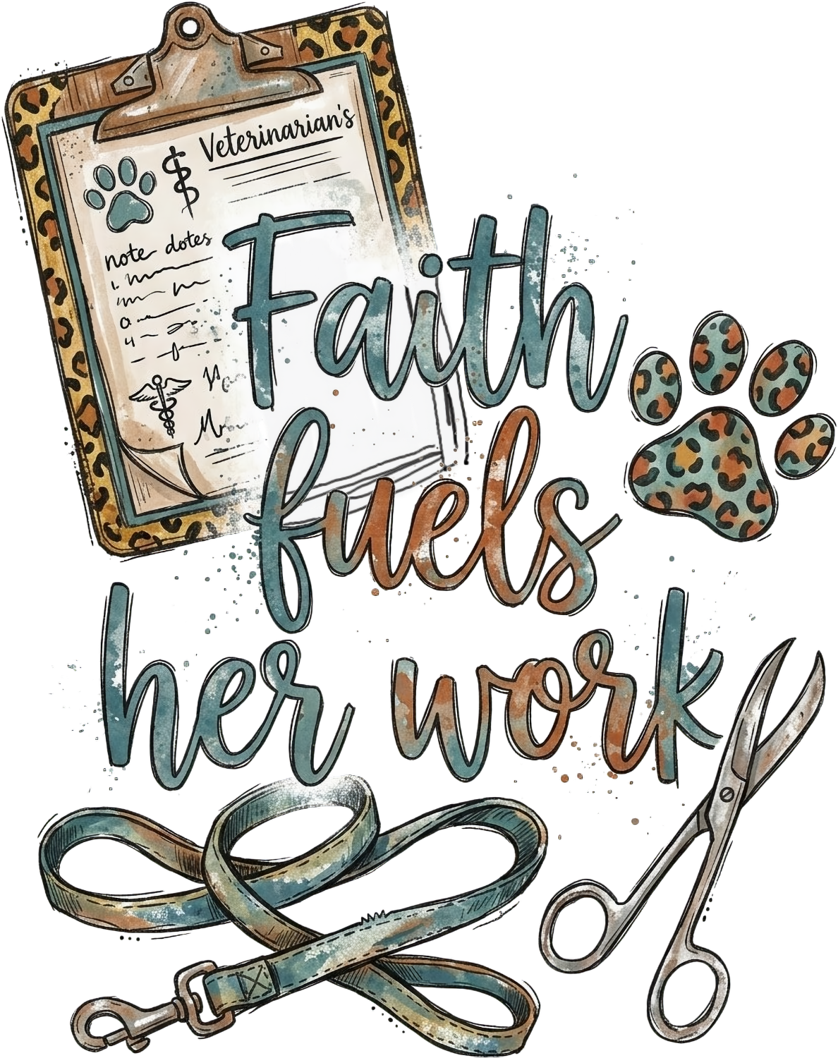 Watercolor clipboard with veterinarian notes, leopard paw prints, scissors, and leash in teal and brown ready to press dtf transfer