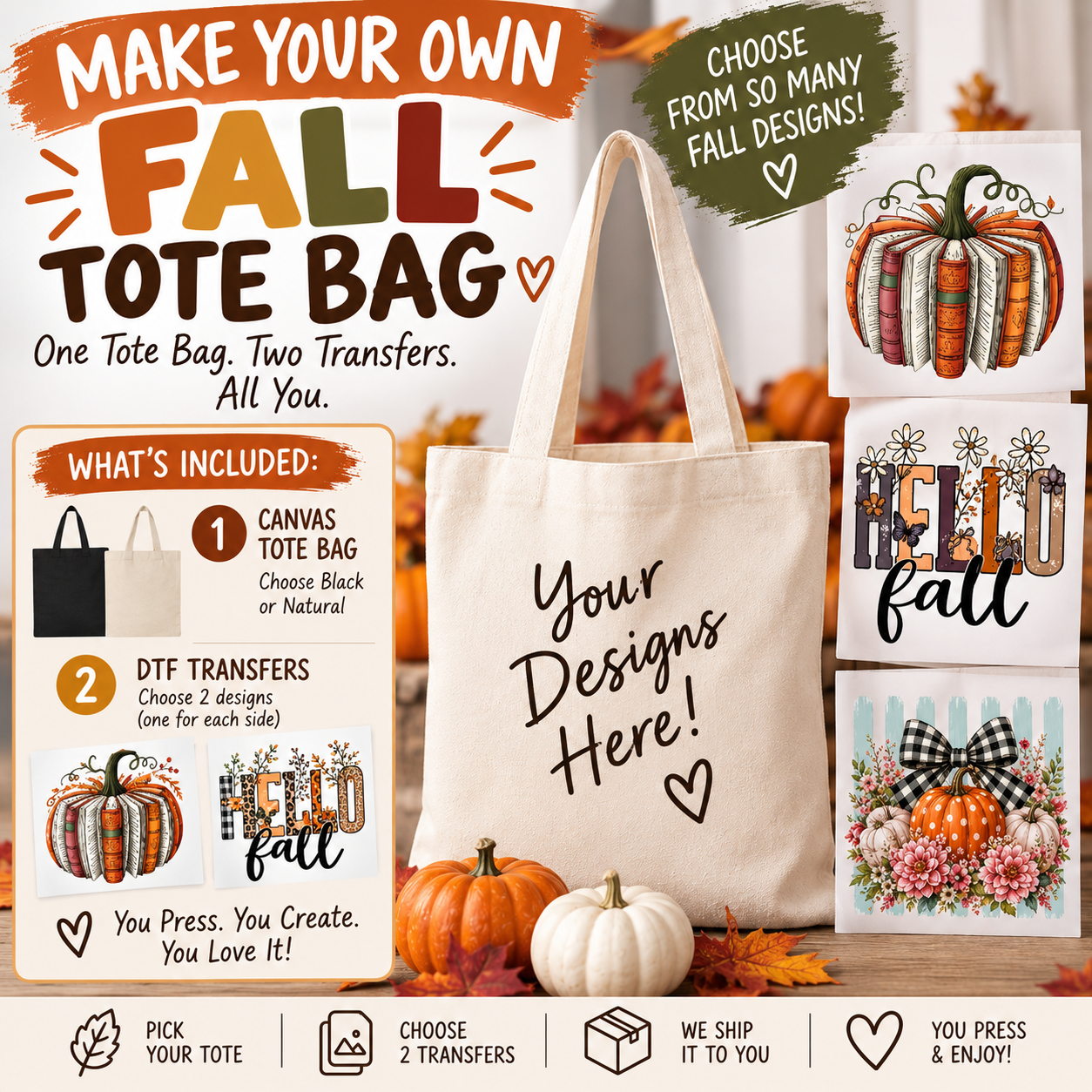 Fall Tote Bag Kit with 2 DTF Transfers | Natural or Black Tote