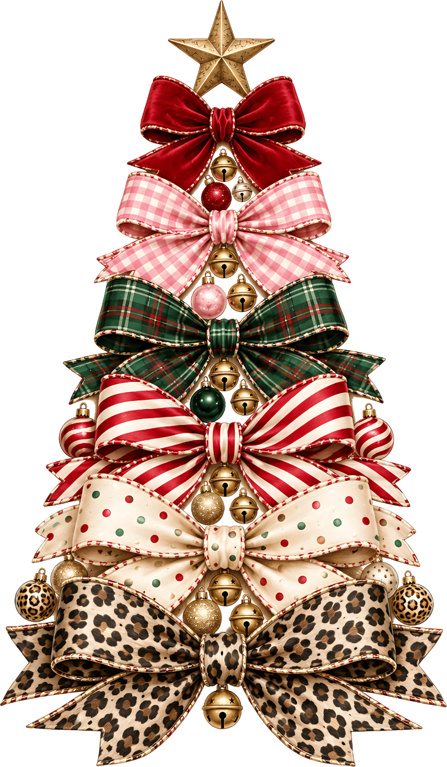 Festive Christmas tree made of stacked colorful ribbon bows in red, pink, green, and leopard print with gold bells and star, ready to press dtf transfer