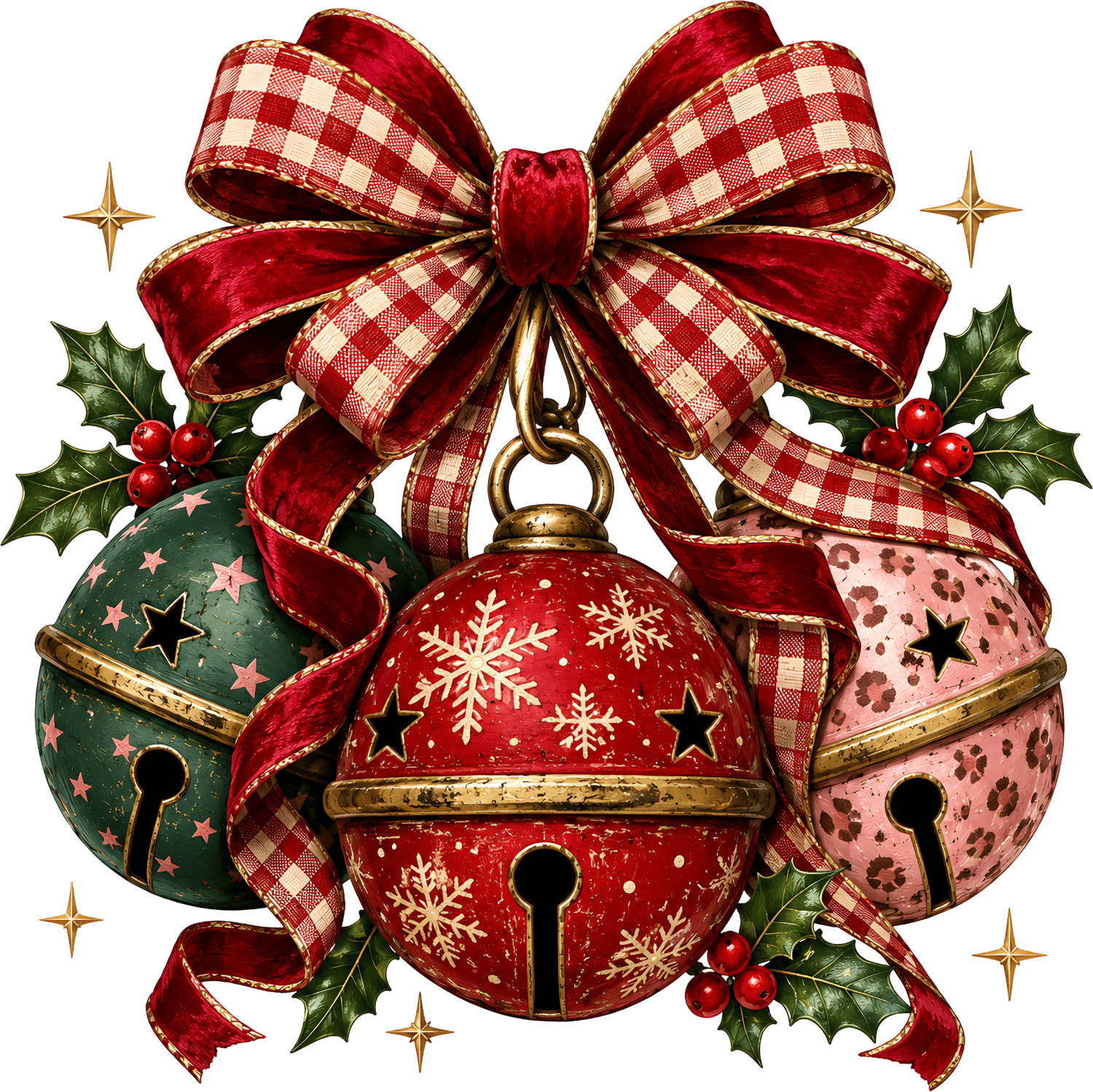 Vintage Christmas jingle bells with red plaid bow, holly berries, and gold stars ready to press dtf transfer
