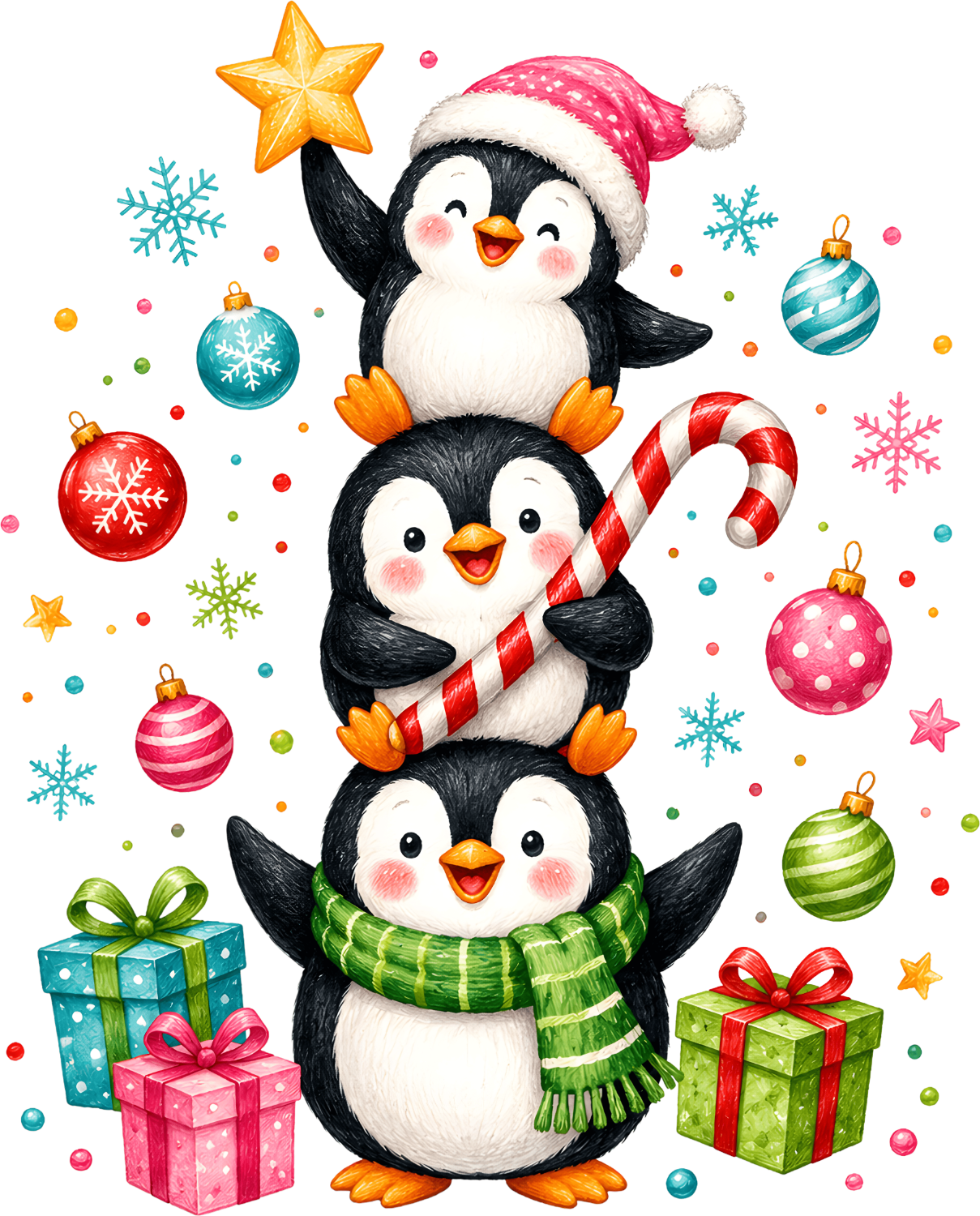 Three cute stacked penguins wearing Santa hats and scarves, surrounded by colorful ornaments and snowflakes, ready to press dtf transfer