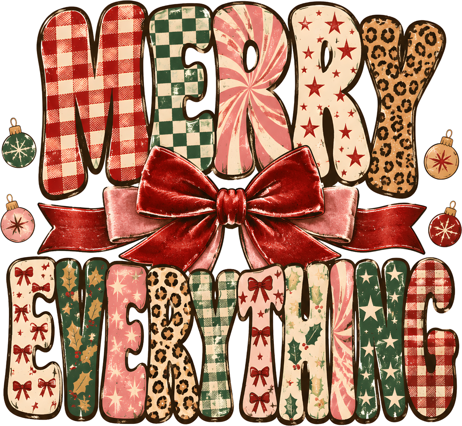 Colorful patchwork Merry Christmas design ready to press dtf transfer with vintage holiday patterns