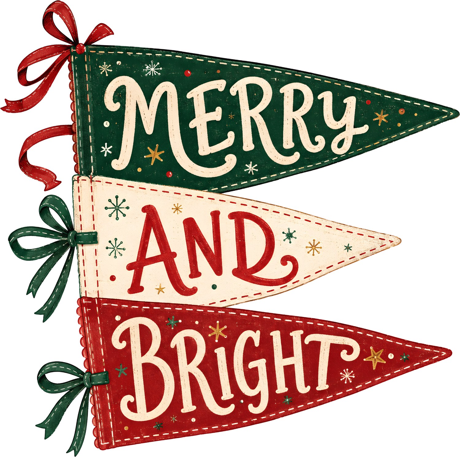 Three-tiered green, cream, and red pennant banner reading Merry and Bright, ready to press dtf transfer with holiday theme