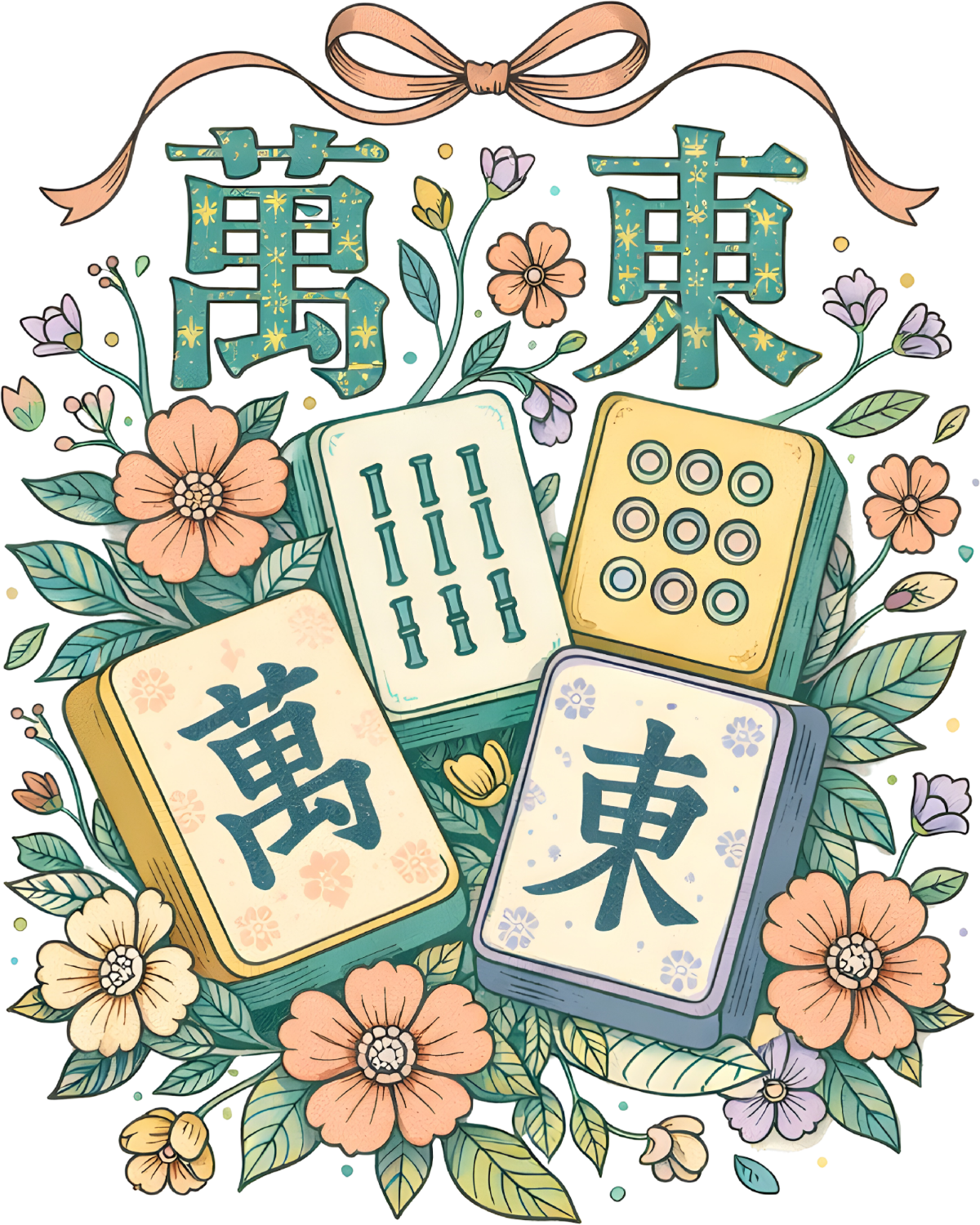Decorative mahjong tiles with floral elements, ready to press dtf transfer design with sage green and peach flowers