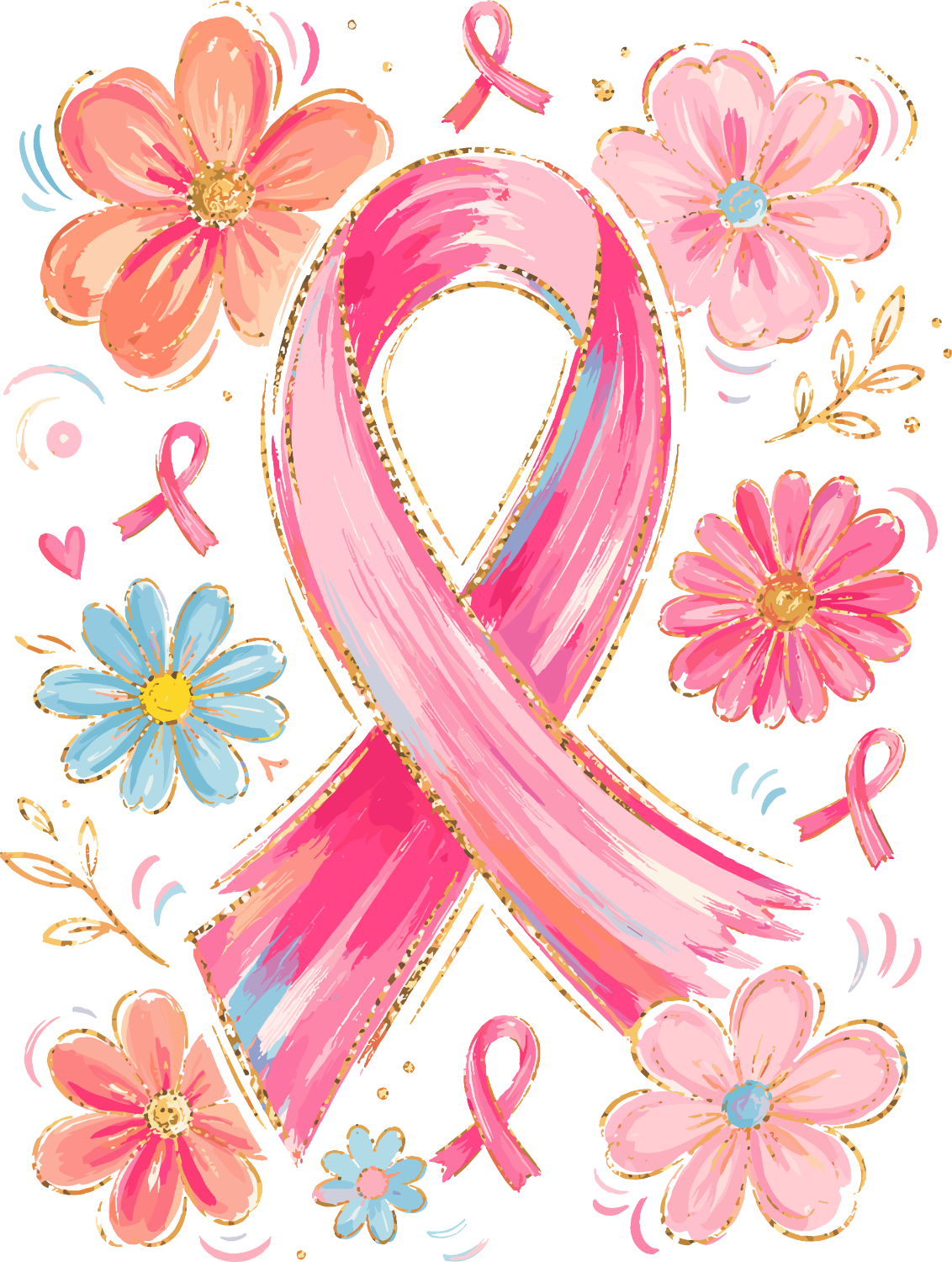 Pink ribbon with colorful watercolor flowers ready to press dtf transfer design with gold glitter accents