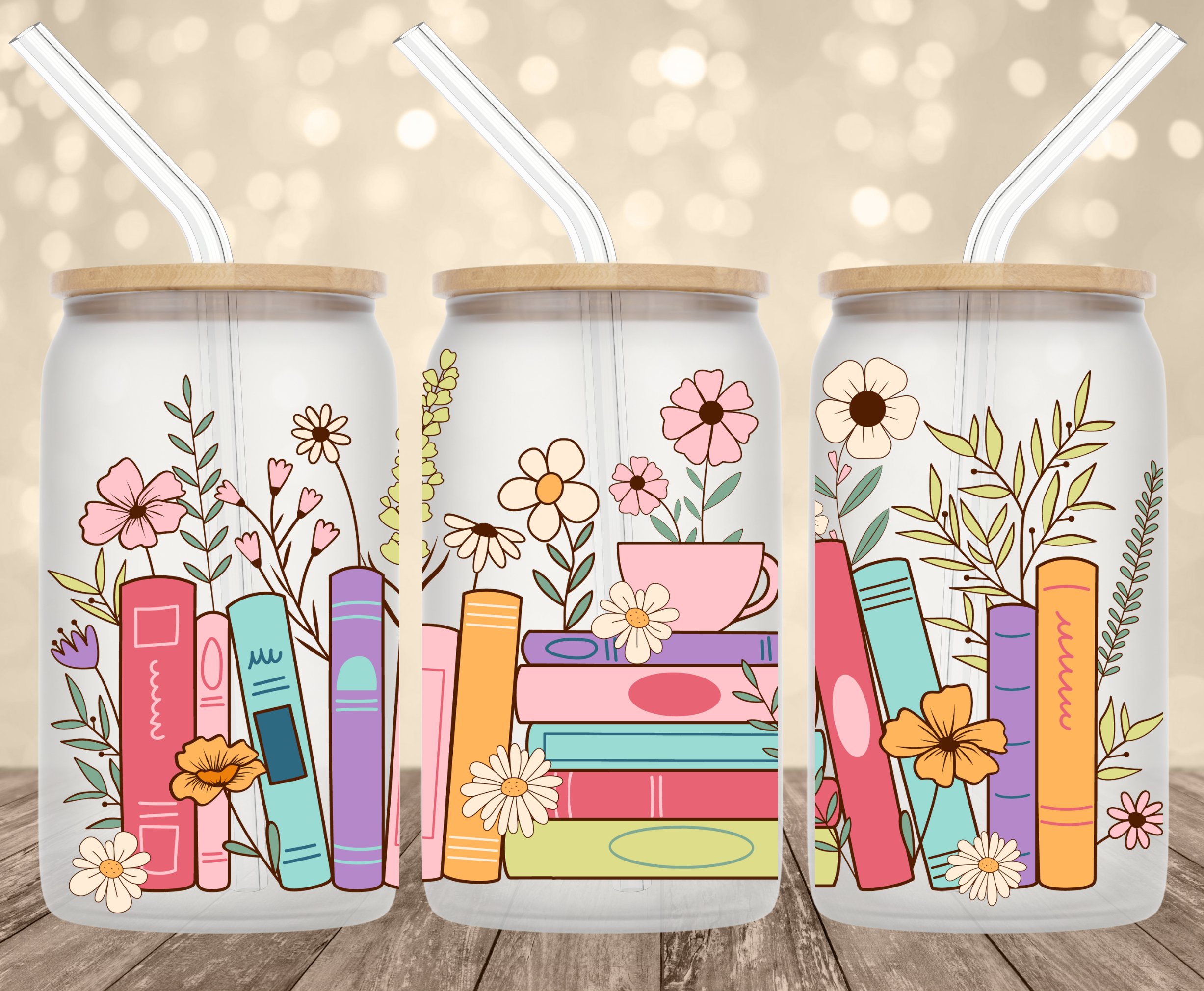 Floral Books UV Transfer for 16 oz Glass Can Tumblers