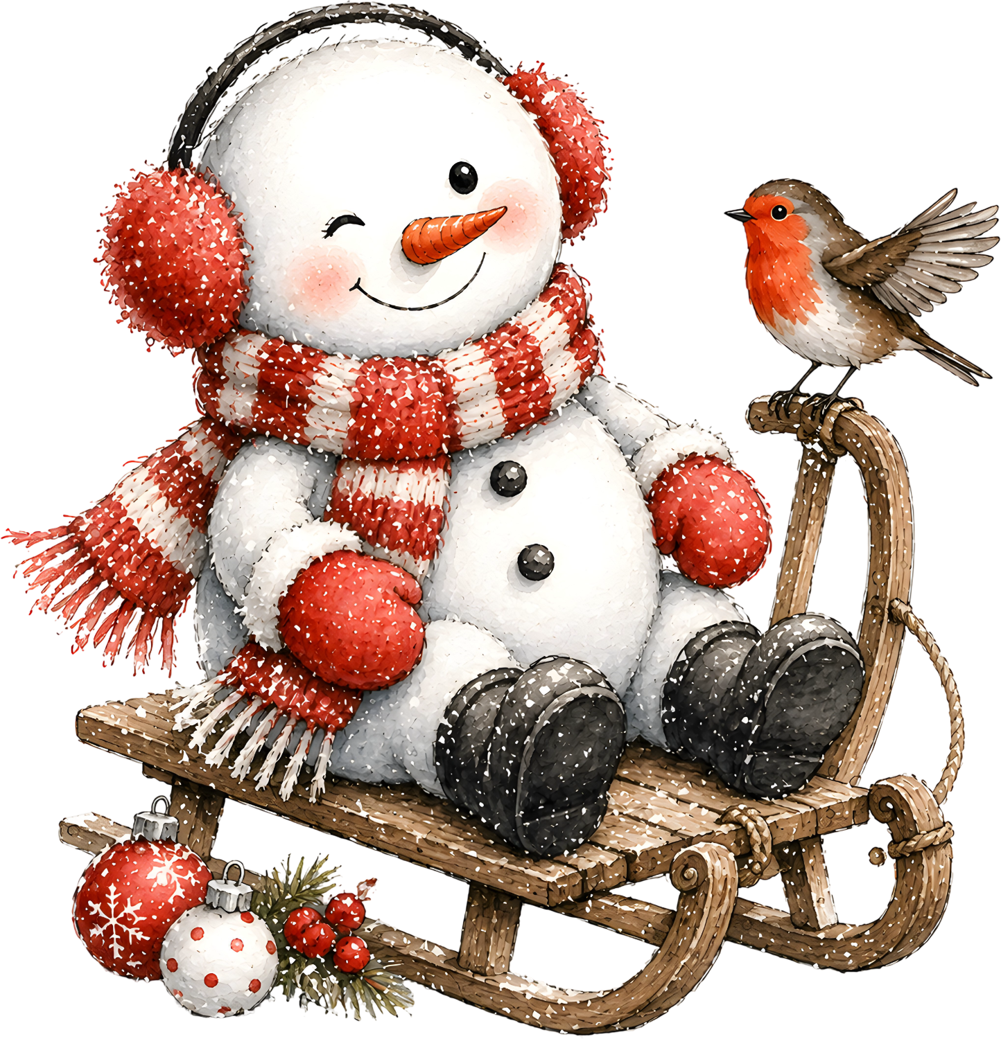 Cozy snowman wearing red earmuffs and striped scarf sitting on wooden sled with robin bird ready to press dtf transfer