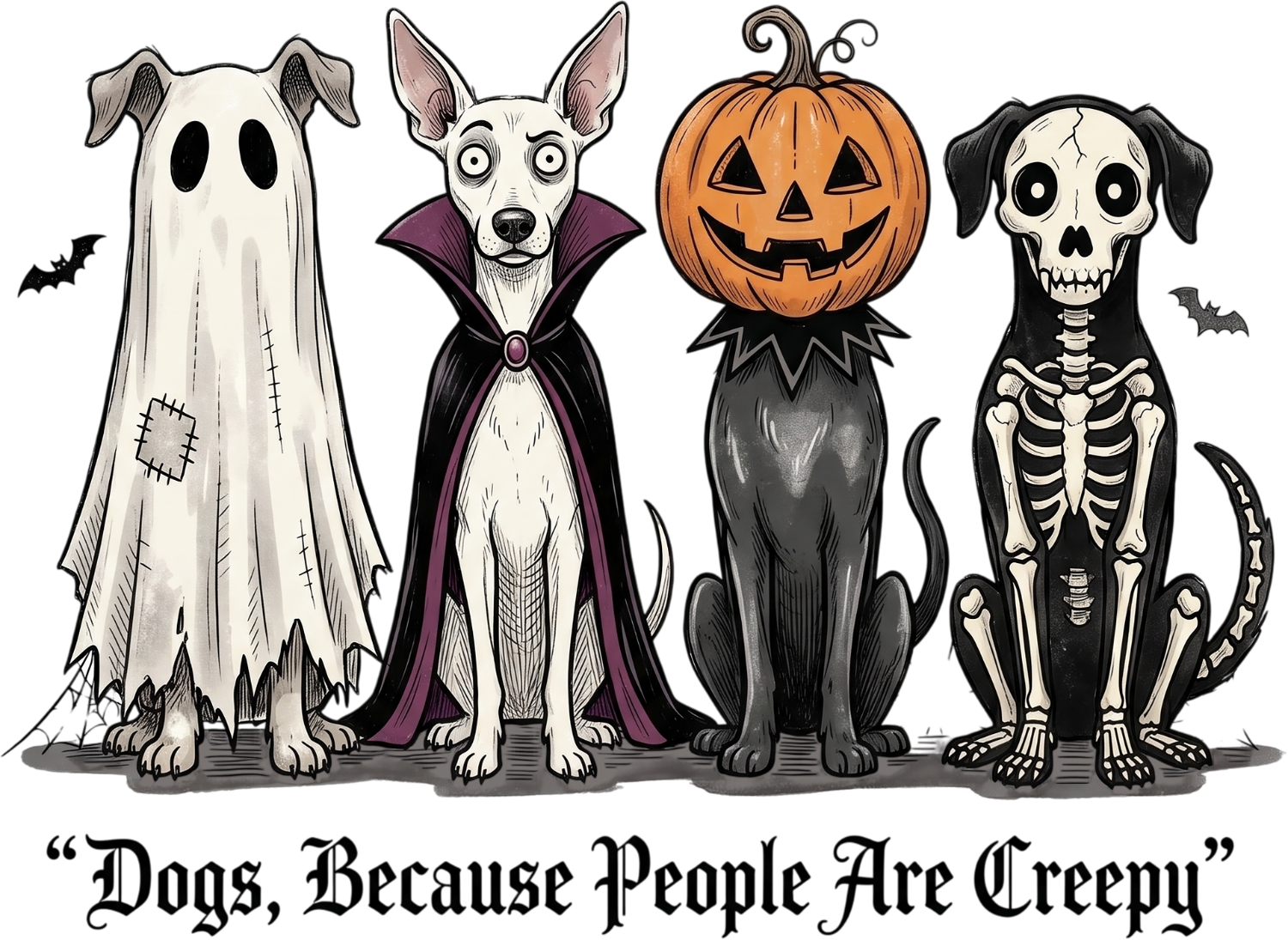 Four Halloween-dressed dogs in ghost, vampire, pumpkin, and skeleton costumes, ready to press dtf transfer design.