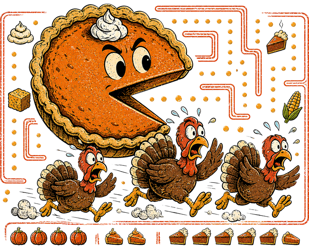 Retro Pie Man character chasing turkeys with pumpkins and corn scattered around, ready to press dtf transfer.