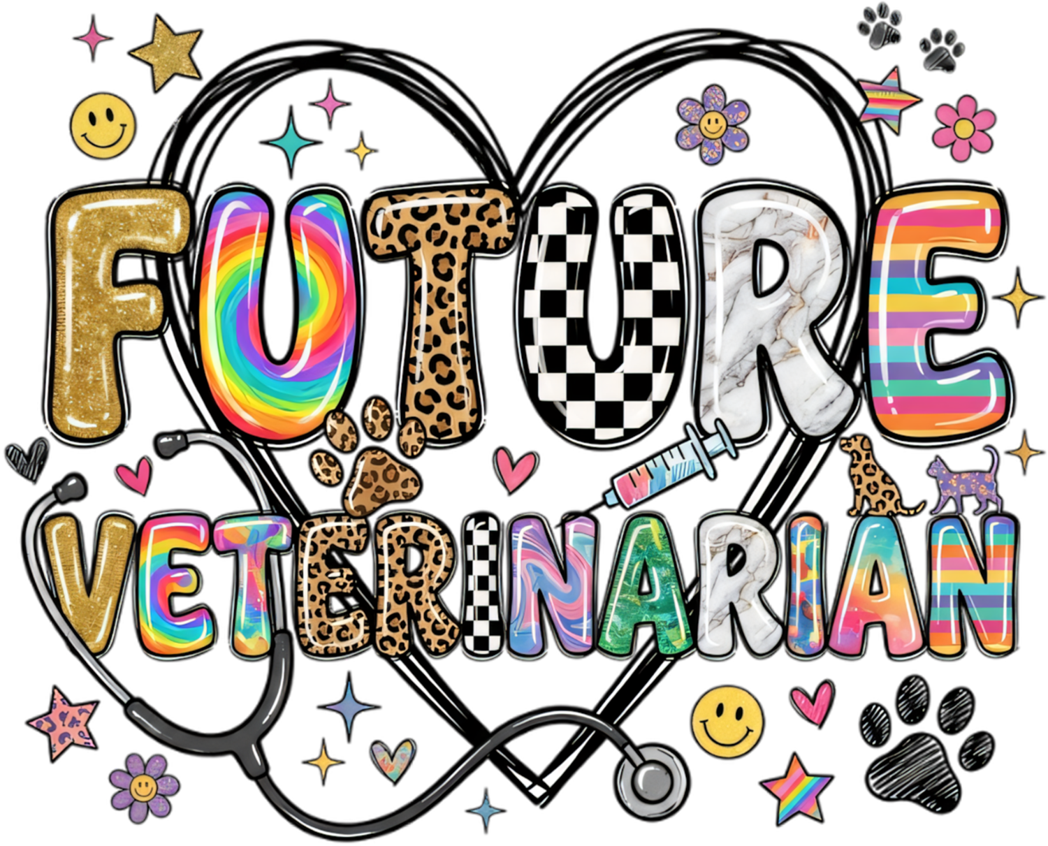 Colorful 'Future Veterinarian' text with stethoscope, paw prints, leopard print, checkered patterns, and rainbow colors — ready to press dtf transfer