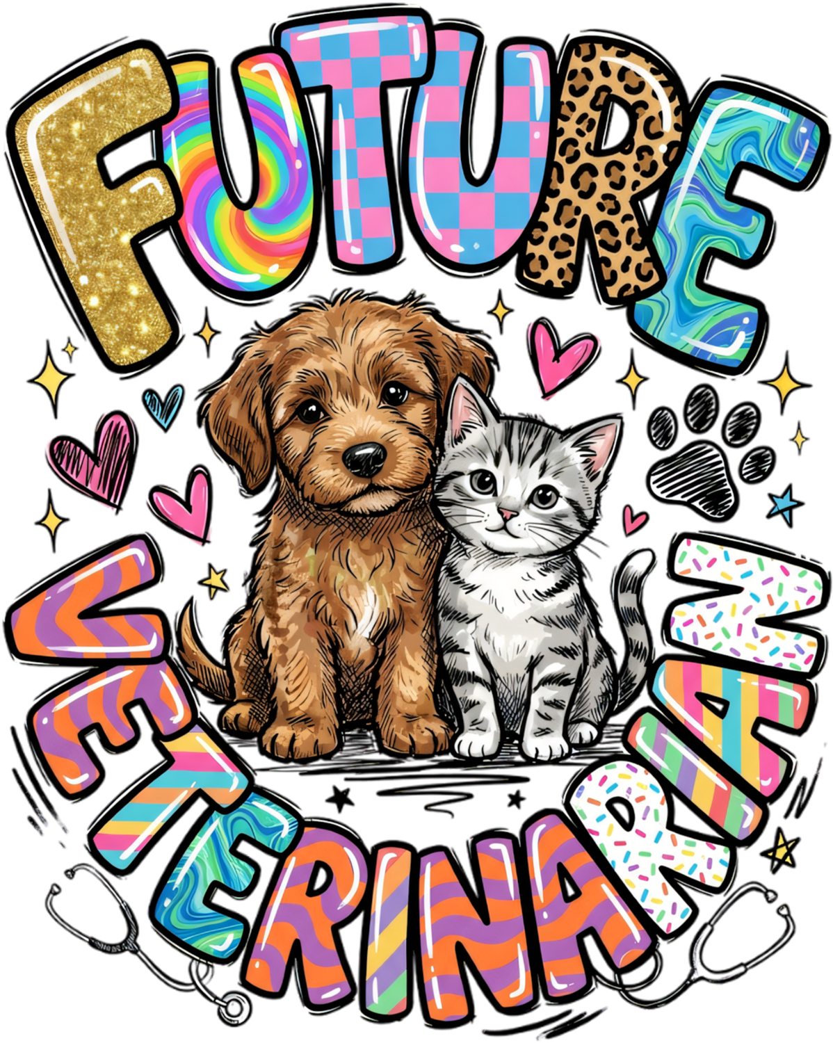 Colorful Future Vet Serena design with dog and cat ready to press dtf transfer