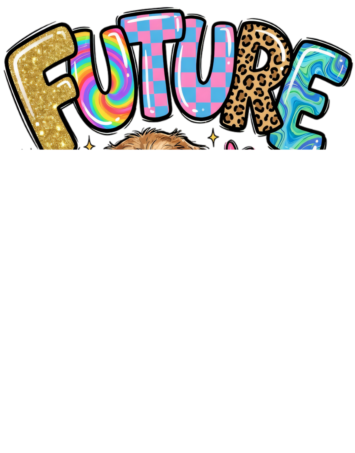 Colorful Future retro design with gold glitter, rainbow gradient, checkered pattern, and leopard print letters ready to press dtf transfer