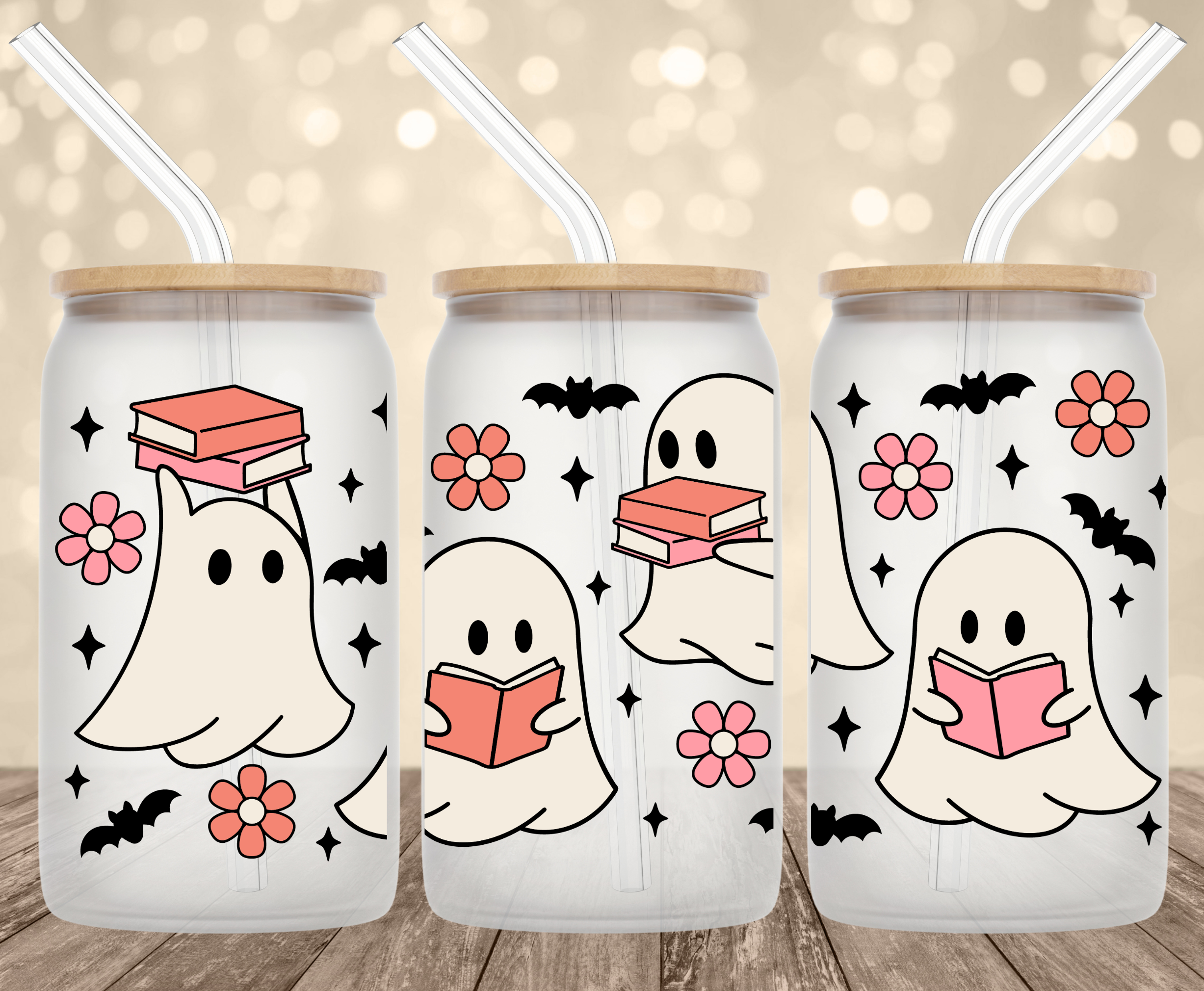 Ghost Holding Books UV Transfer for 16 oz Glass Can Tumblers