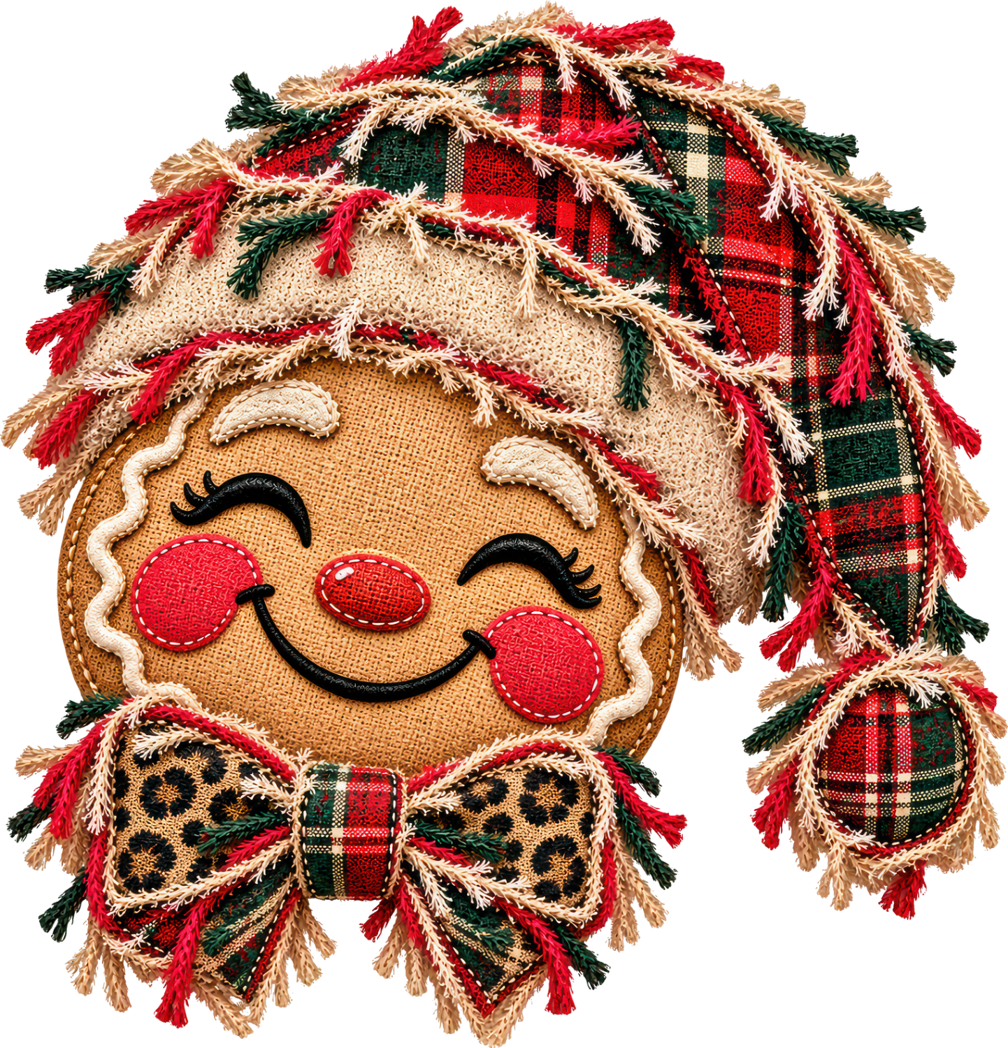 Smiling gingerbread face with red cheeks, plaid hat, and leopard bow tie, ready to press dtf transfer.