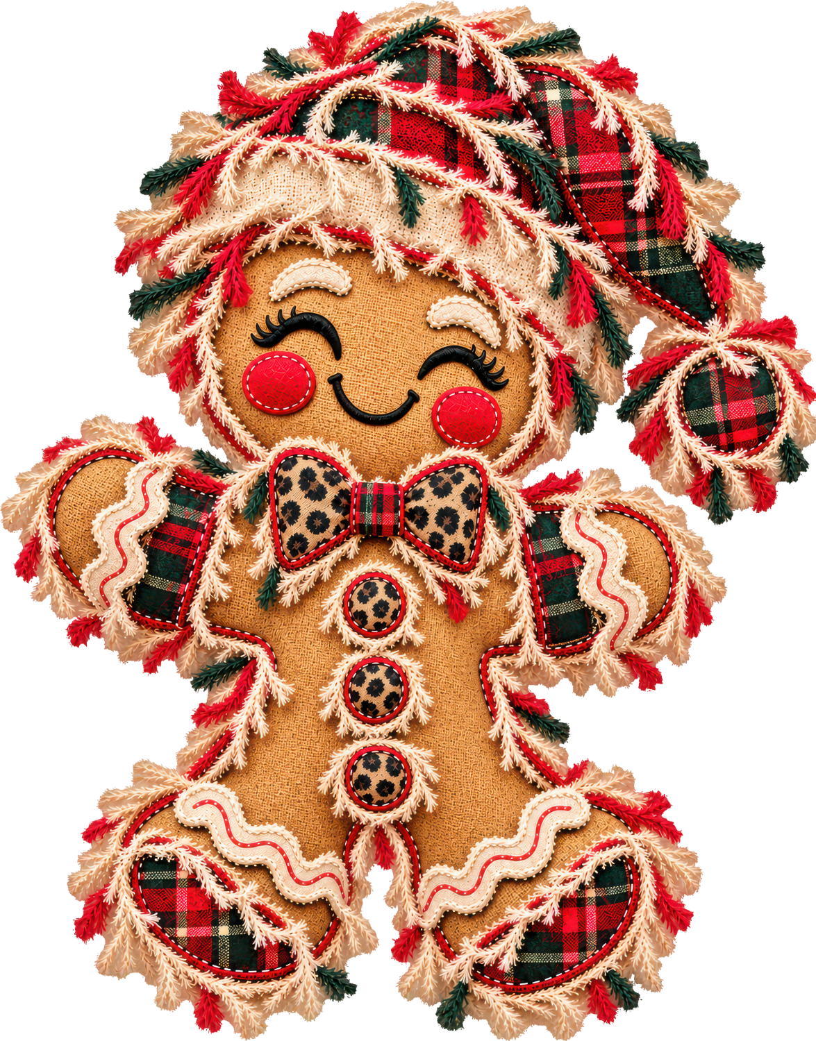 Cute gingerbread girl character with braided hair, plaid bow tie, and festive decorations—ready to press dtf transfer.