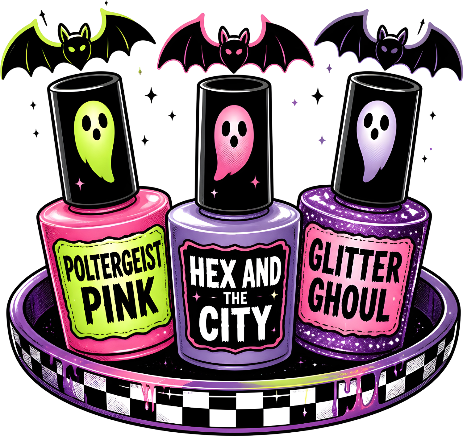 Three colorful Halloween nail polish bottles with ghost designs, bats, and sparkles—ready to press DTF transfer.