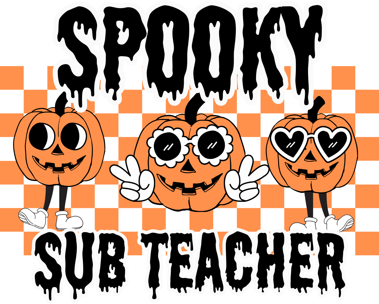 Three cartoon pumpkins with different expressions on orange and white checkered background, ready to press dtf transfer