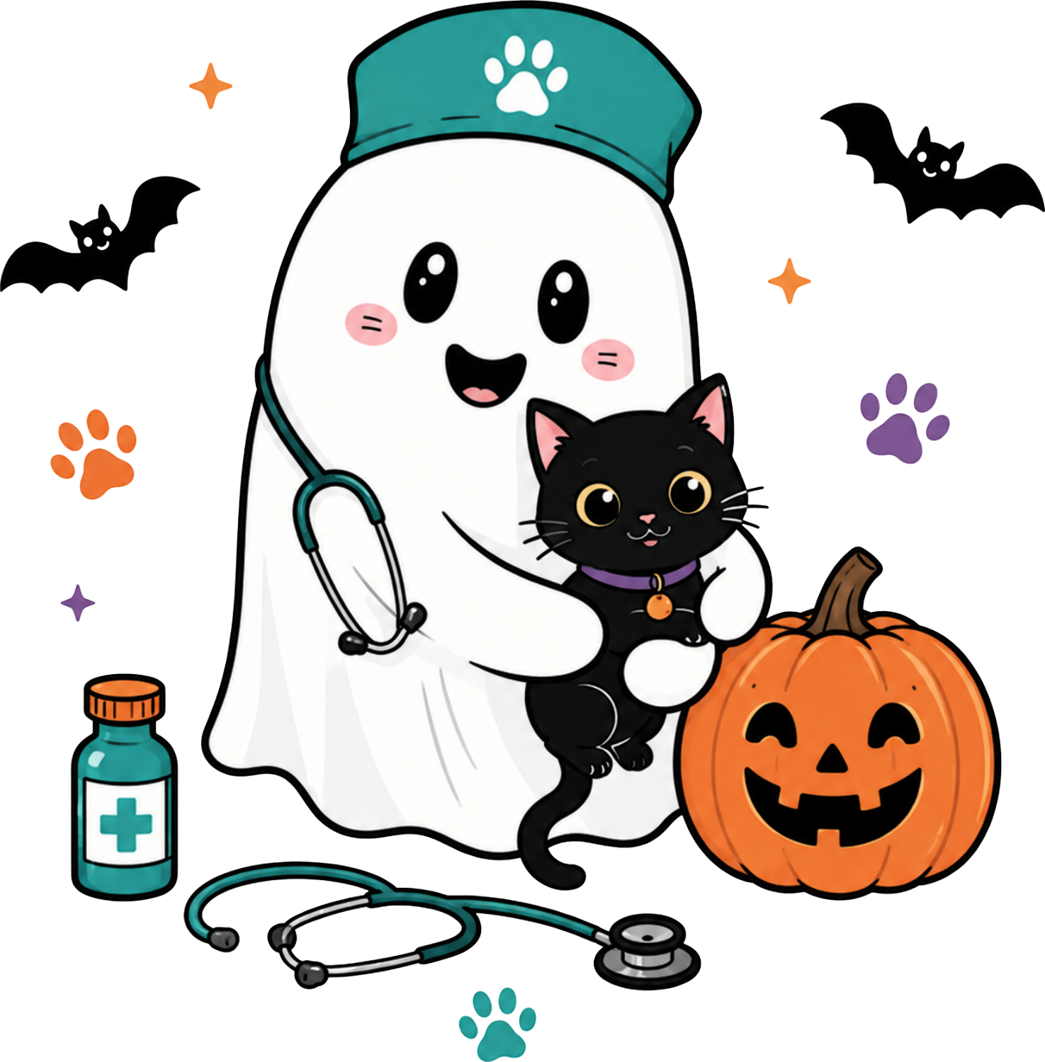 Cute ghost veterinarian nurse holding black cat with pumpkin, ready to press dtf transfer for Halloween apparel