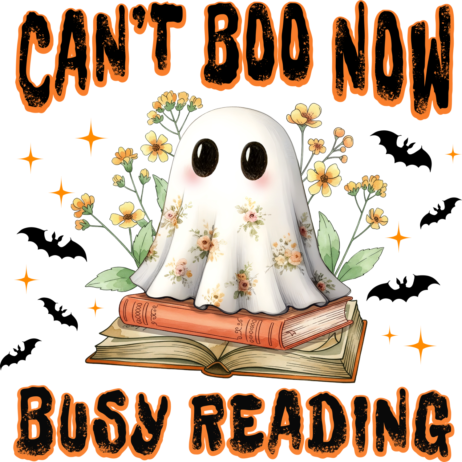 Cute ghost with floral pattern holding books surrounded by yellow flowers and bats - ready to press dtf transfer