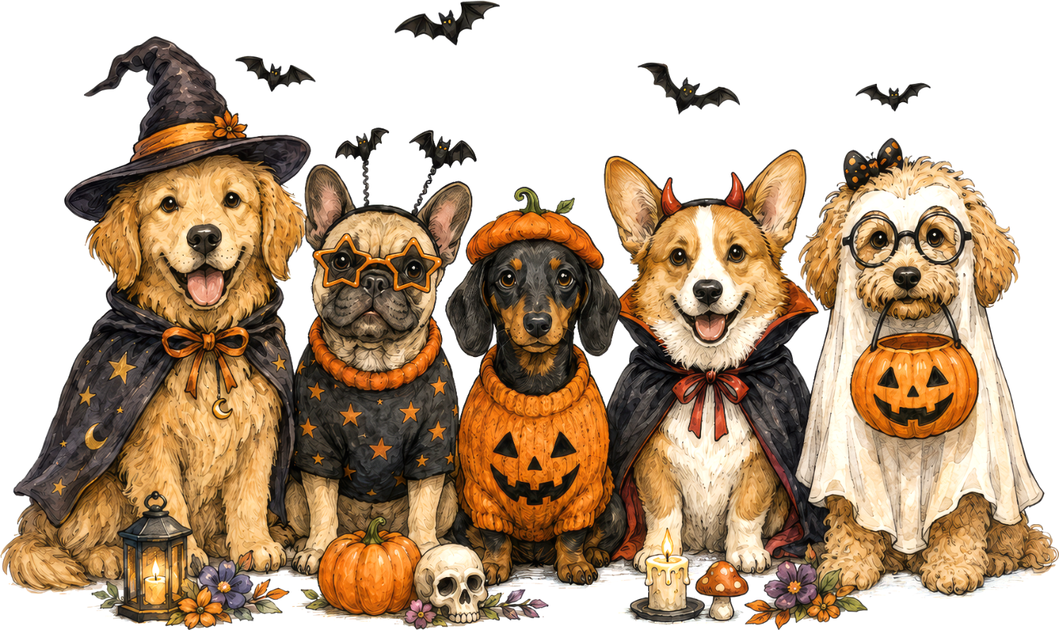 Five cartoon dogs wearing Halloween costumes including witch hat, vampire cape, and ghost outfit, ready to press dtf transfer