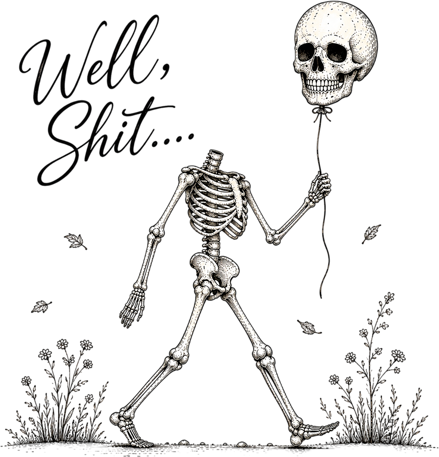 Skeleton holding a skull balloon with autumn leaves, ready to press dtf transfer design