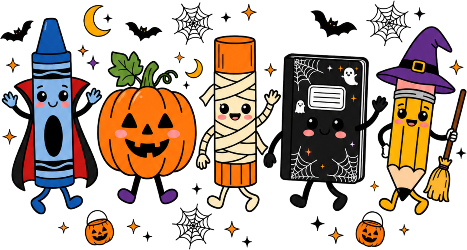 Colorful Halloween characters including crayon vampire, pumpkin, mummy, ghost, and witch pencil with bats and spiderwebs—ready to press dtf transfer