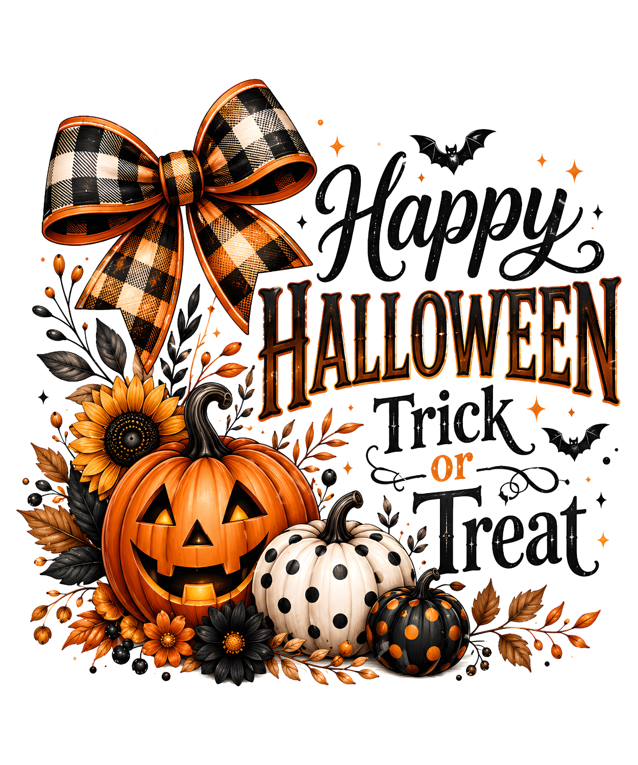 Happy Halloween Trick or Treat design with jack-o'-lantern pumpkin, sunflower, and orange plaid bow ready to press dtf transfer