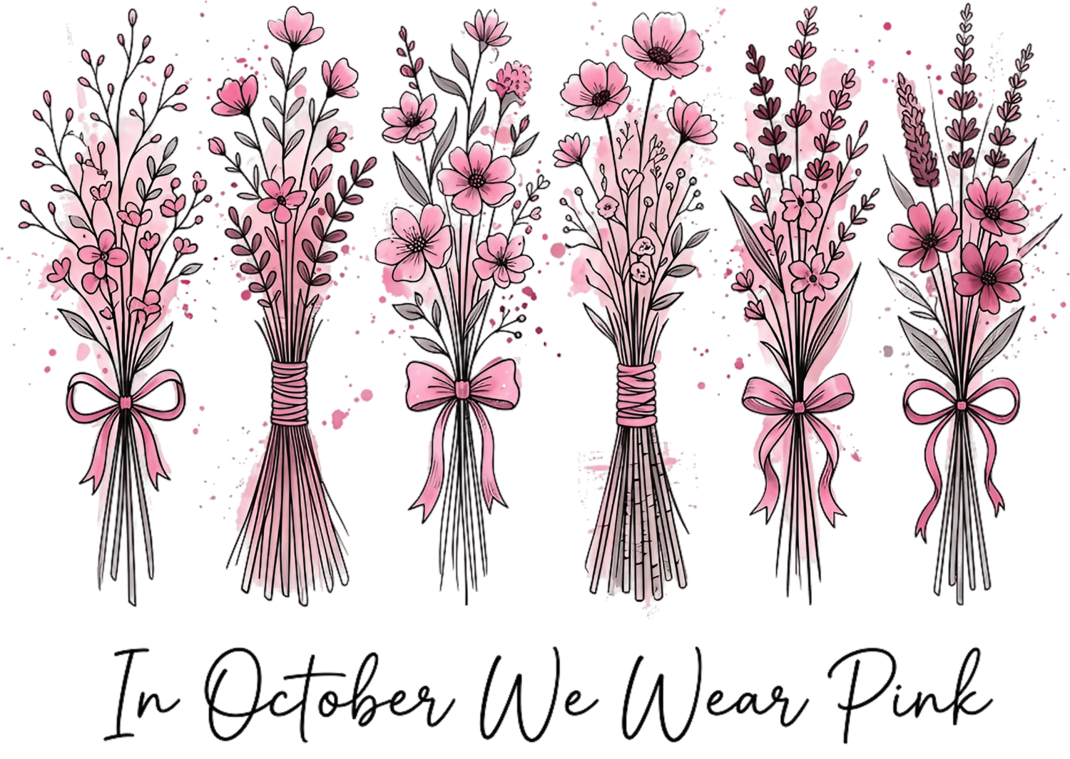 Six delicate pink floral bouquets with dark stems and pink bows arranged in a row, ready to press DTF transfer design