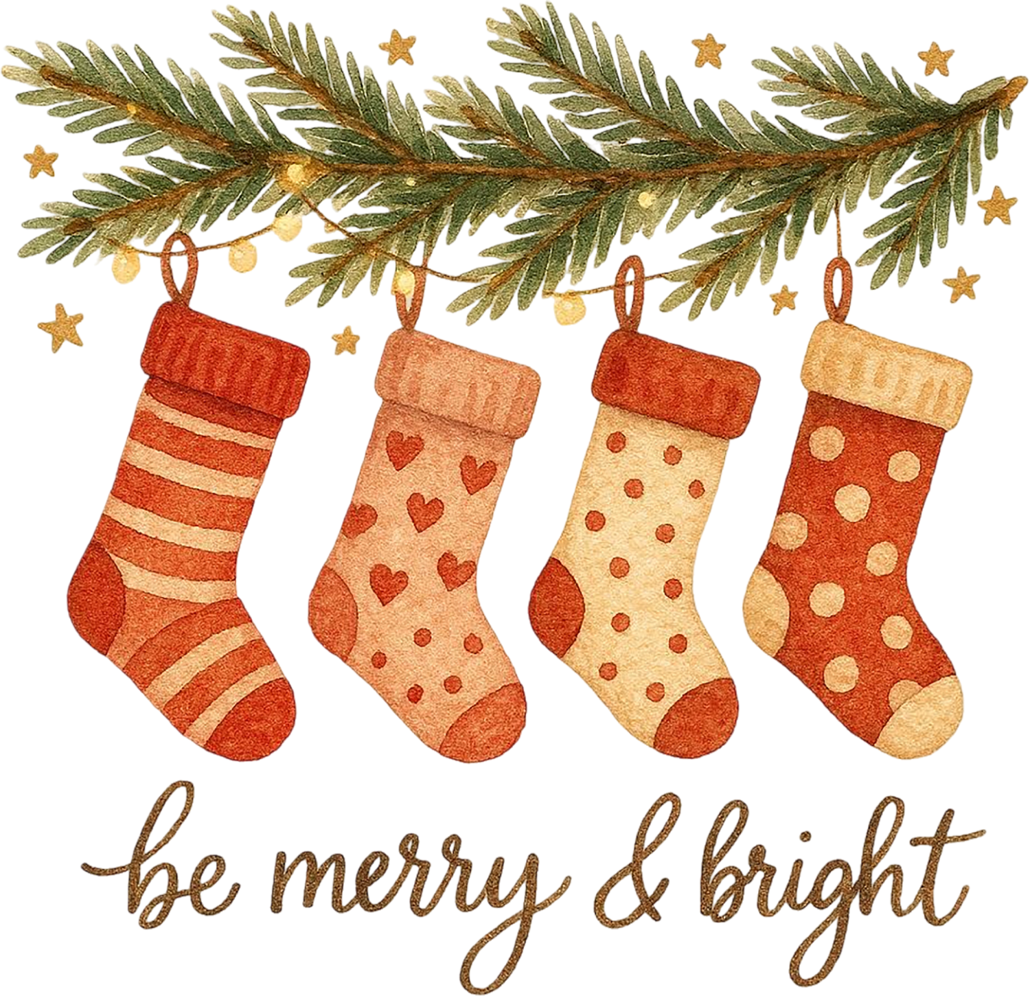 Four red and cream Christmas stockings with stripes, hearts, and polka dots hanging from evergreen garland with stars, ready to press dtf transfer