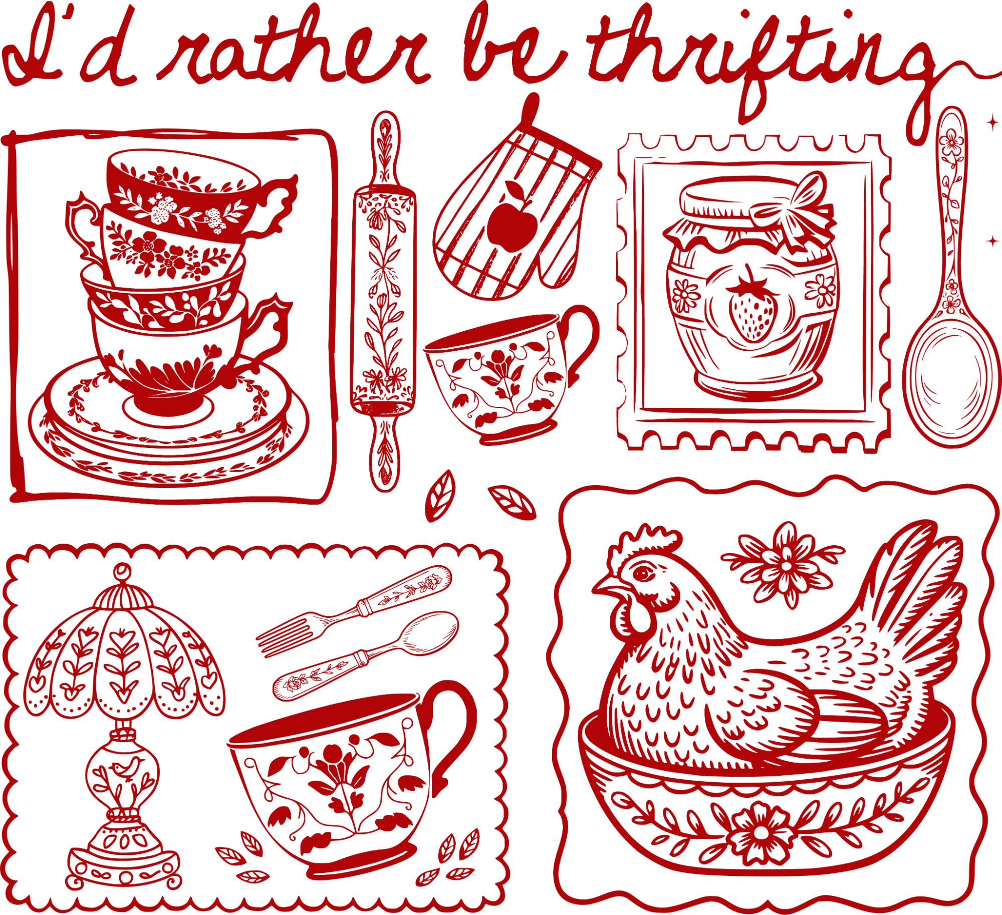Red line art ready to press dtf transfer featuring stacked teacups, rolling pin, checkered oven mitt, jam jar, and rooster in vintage farmhouse style.