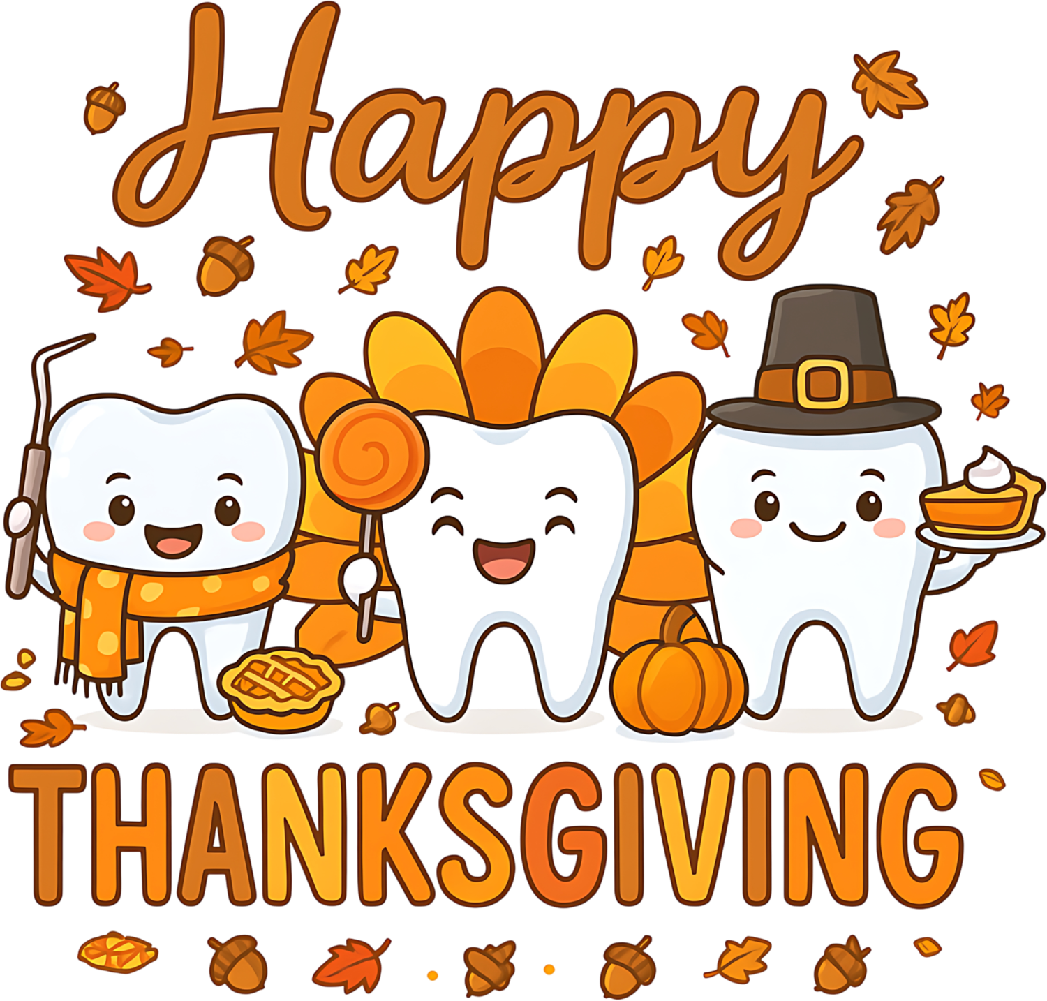 Three cartoon teeth characters in Thanksgiving attire with pumpkins and fall leaves, ready to press dtf transfer