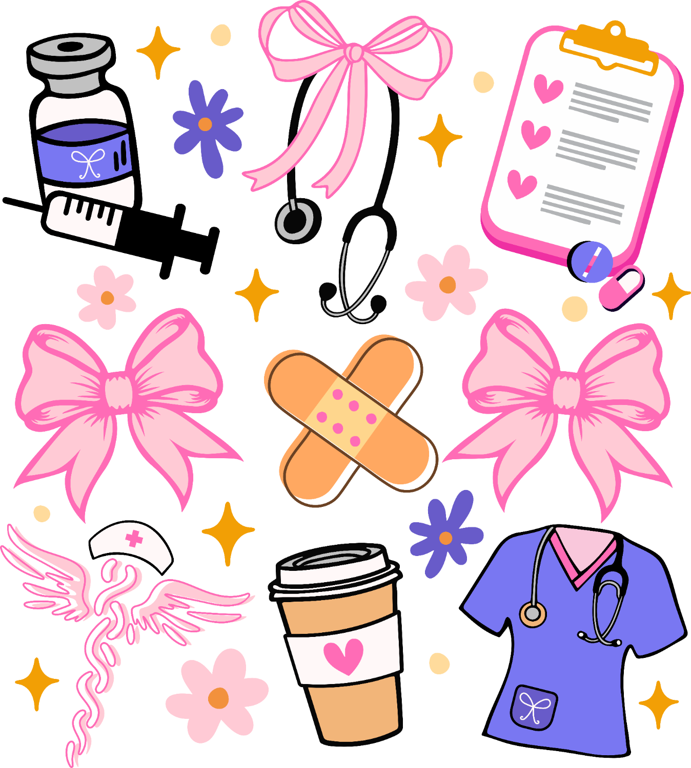 Pink floral healthcare worker design with stethoscope, medical scrubs, and nurse themed graphics ready to press dtf transfer