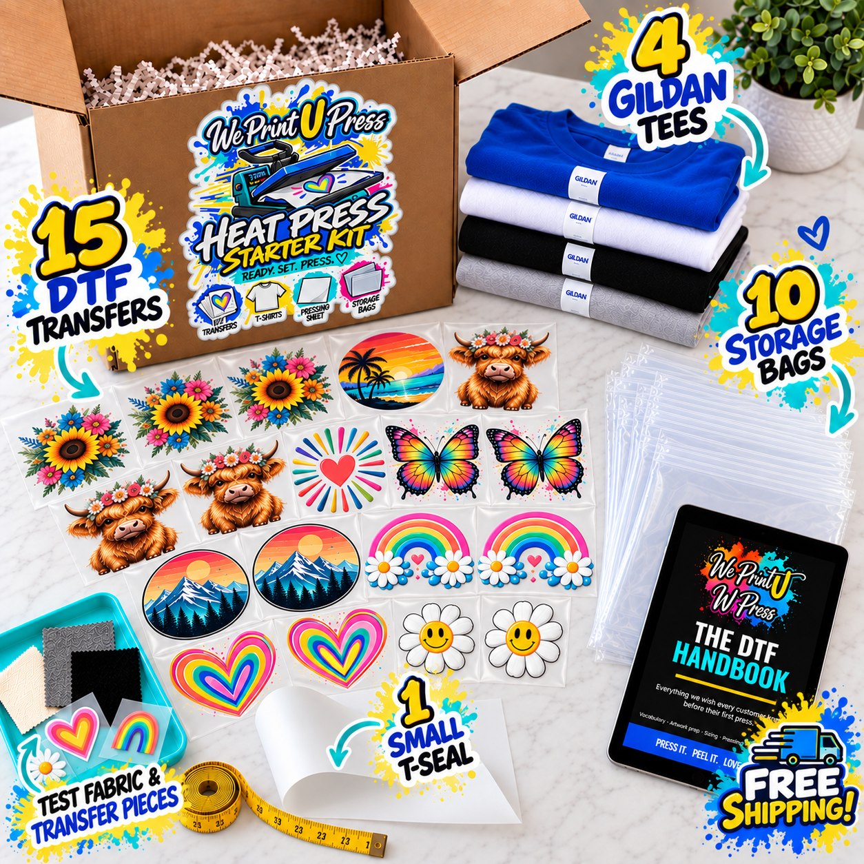 Maker Kit: 15 DTF Transfers + 4 Tees for Heat Press
