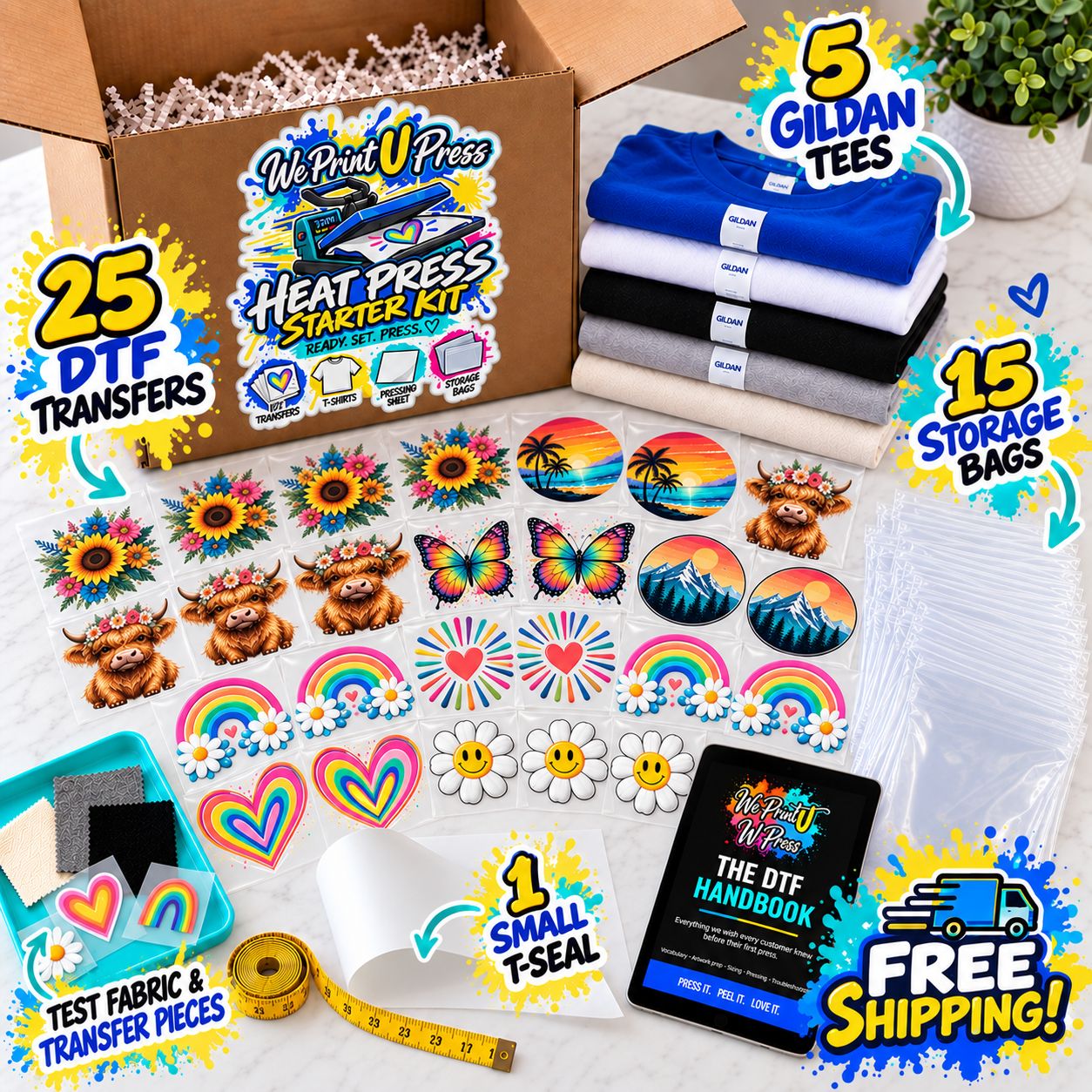 Pro Kit: 25 DTF Transfers + 5 Tees for Heat Press