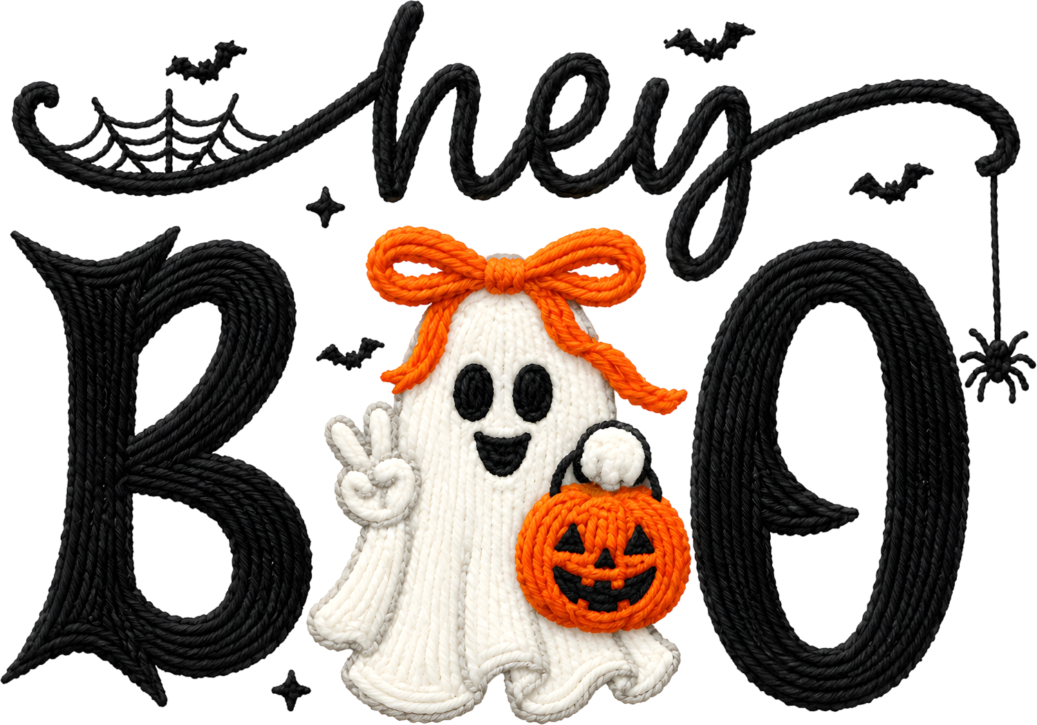 Cute ghost character with orange bow holding jack-o-lantern pumpkin basket, ready to press dtf transfer design