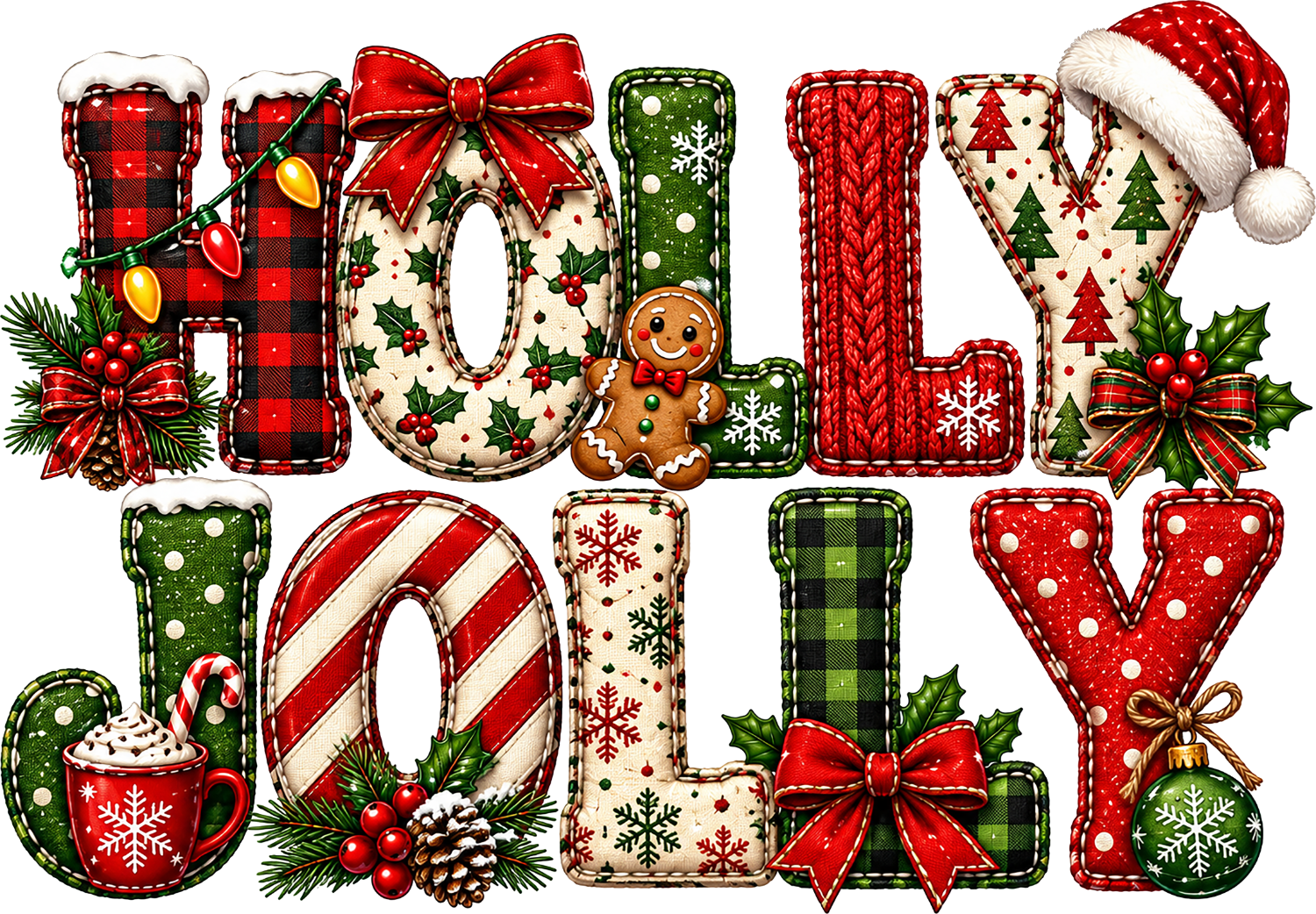 Holly Jolly Christmas text with festive patterns, ready to press dtf transfer design with holiday colors and textures
