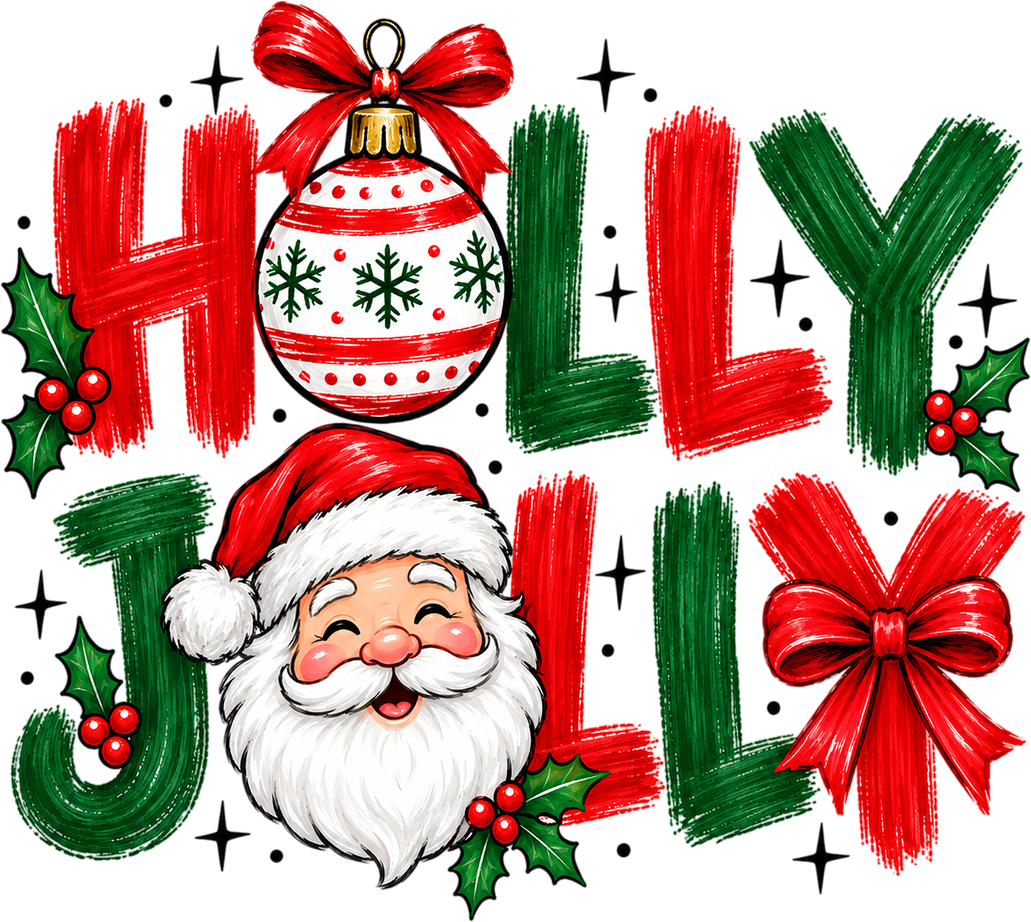 Holly Jolly Santa Christmas design with red and green brush strokes, ready to press dtf transfer