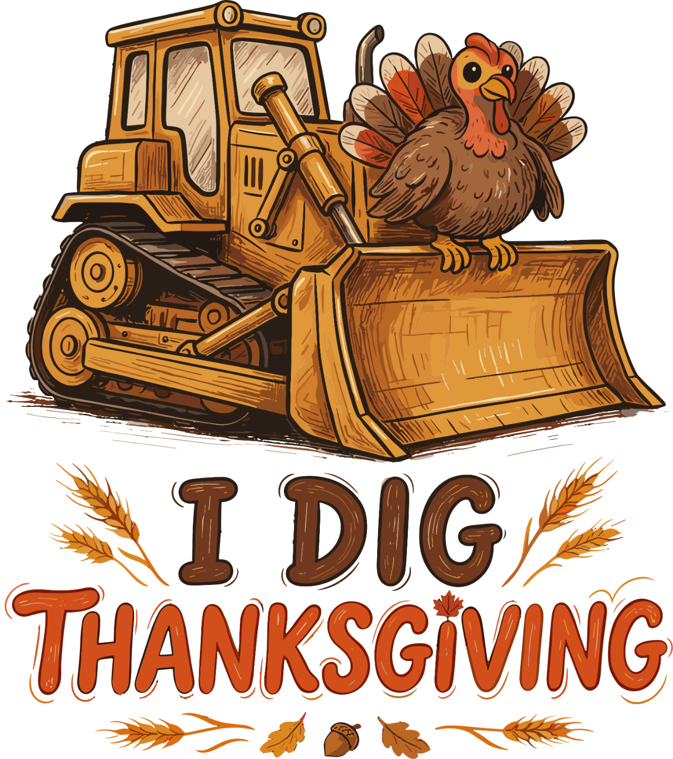Illustrated bulldozer with turkey perched on front, wheat accents below text reading 'I Dig Thanksgiving' ready to press dtf transfer