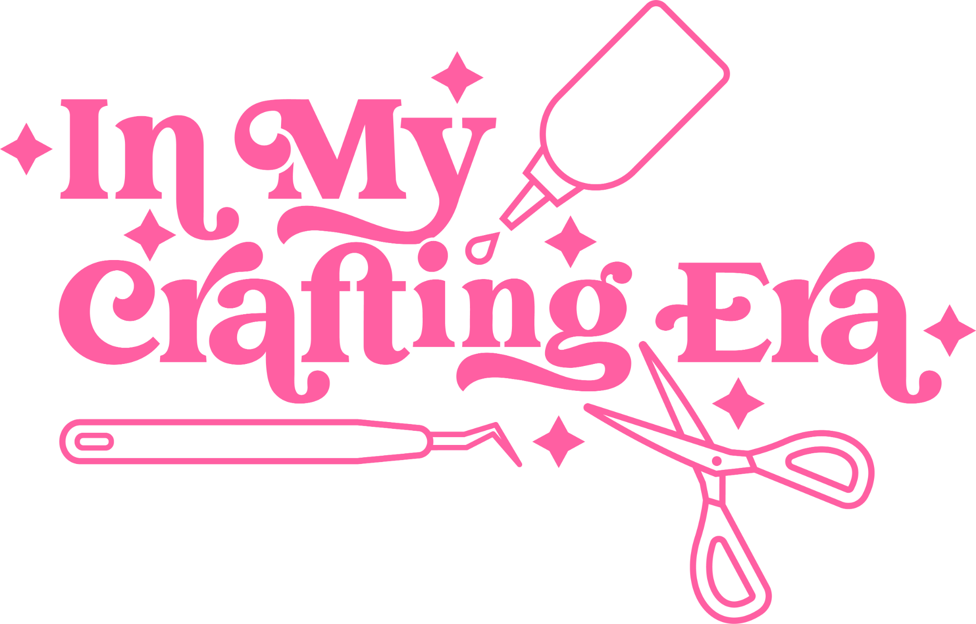 Hot pink ready to press DTF transfer with 'In My Crafting Era' text, marker, and scissors graphics.