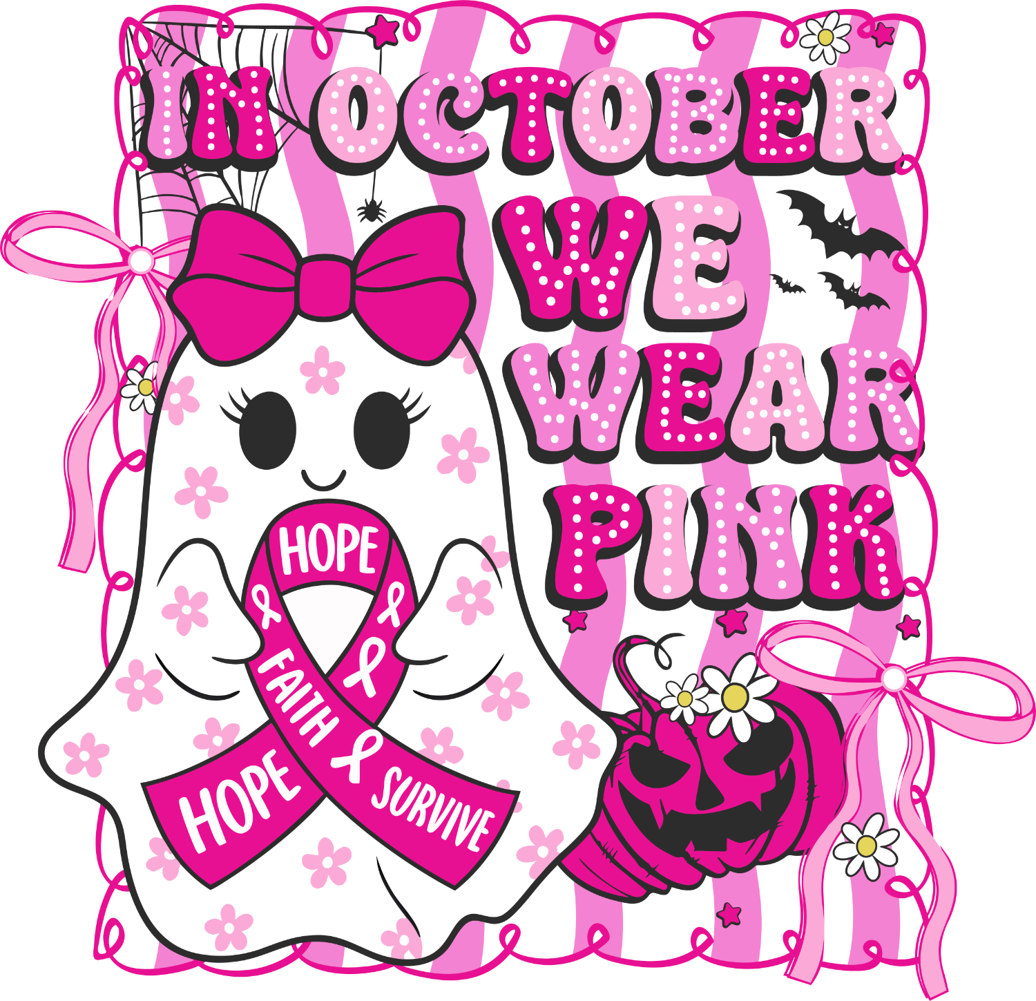 Cute ghost character with pink bow and hope ribbon, ready to press DTF transfer for breast cancer awareness