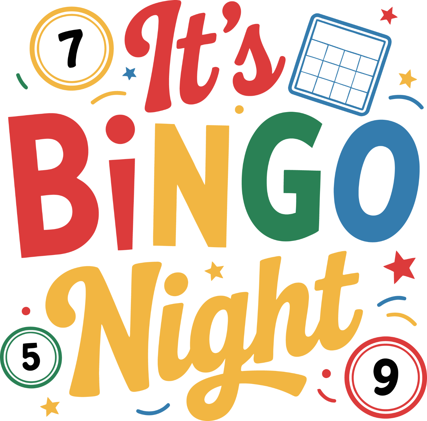 Colorful bingo night design with numbered balls and grid, ready to press dtf transfer