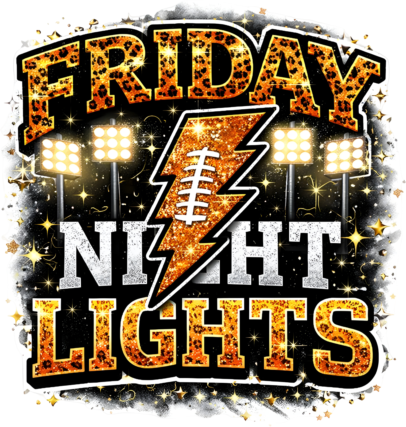 Vibrant Friday Night Lights design with orange and gold flame texture, lightning bolt, and stadium lights - ready to press DTF transfer
