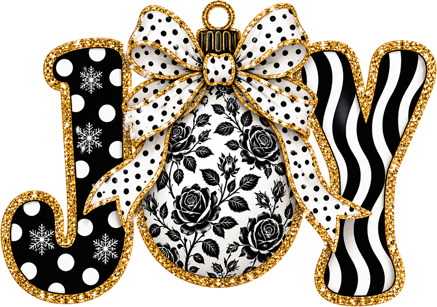 Gold glitter joy text with festive bow featuring roses, polka dots and stripes ready to press dtf transfer