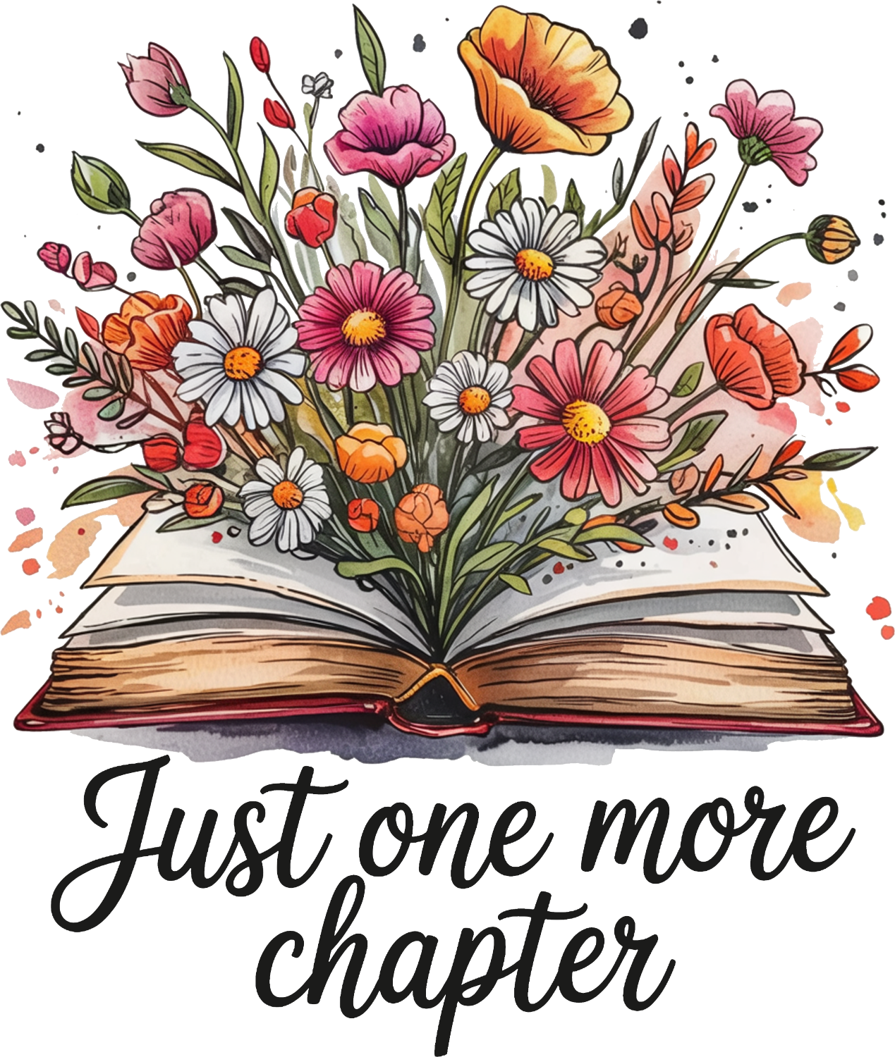 Colorful floral arrangement blooming from open book pages, ready to press DTF transfer with vibrant pink, orange, and white flowers.