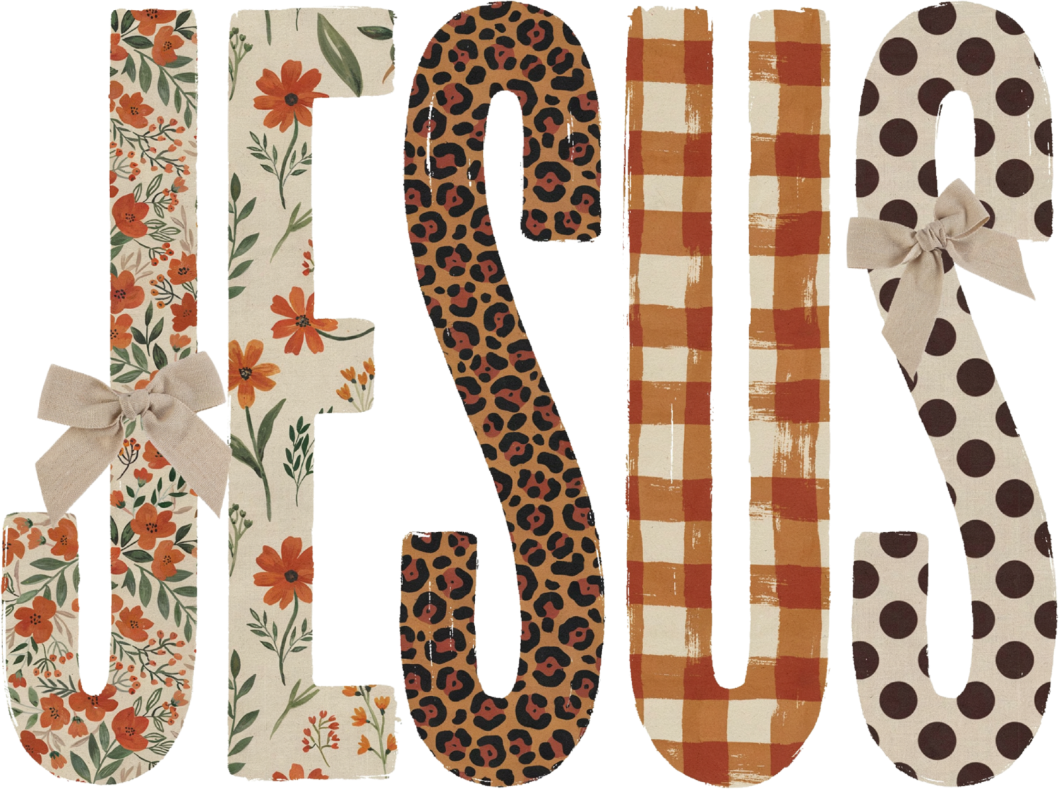 Five letter U shapes in floral, leopard, plaid and polka dot patterns ready to press dtf transfer