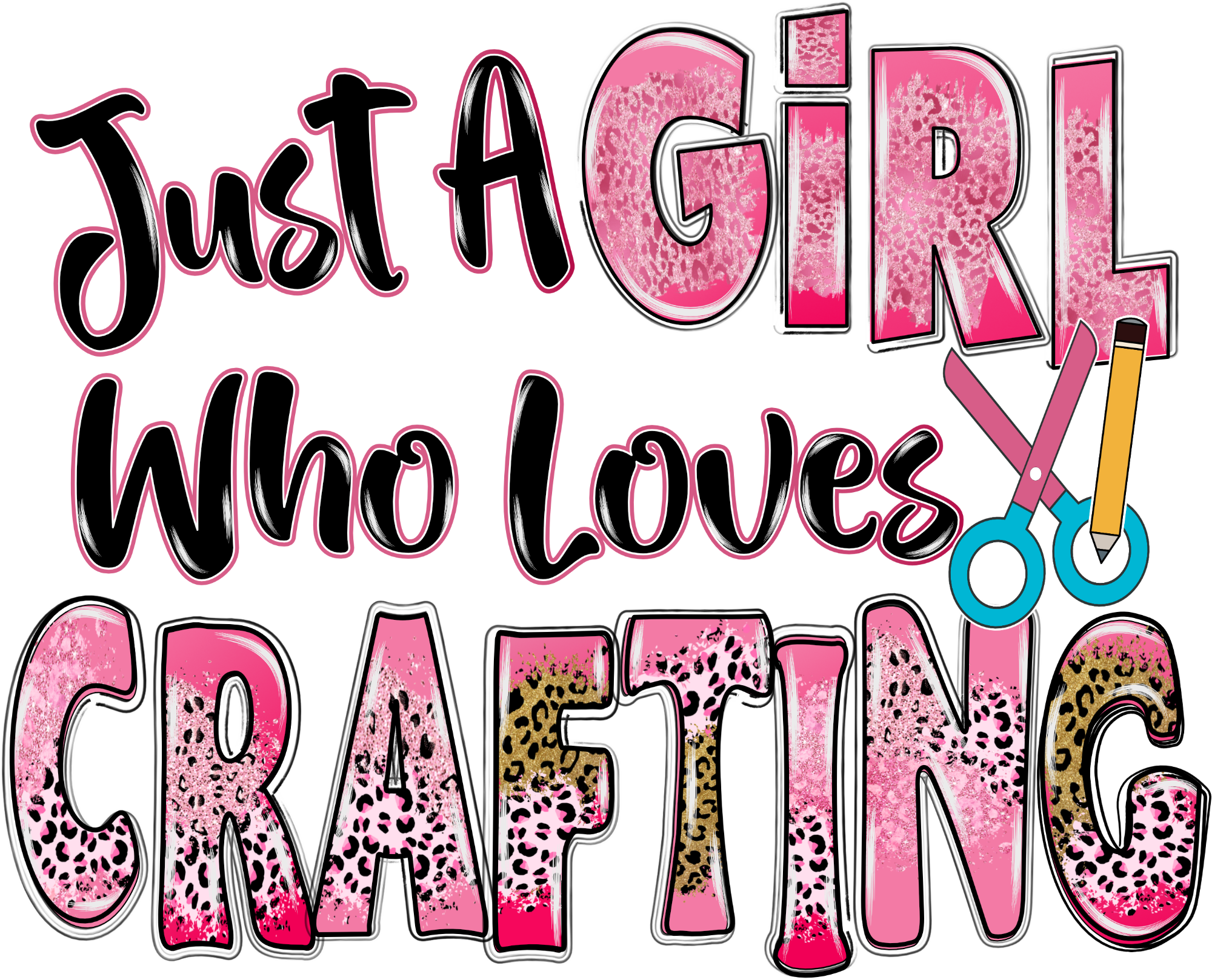 Pink and black crafting-themed DTF transfer with leopard print accents and scissors graphic, ready to press dtf transfer